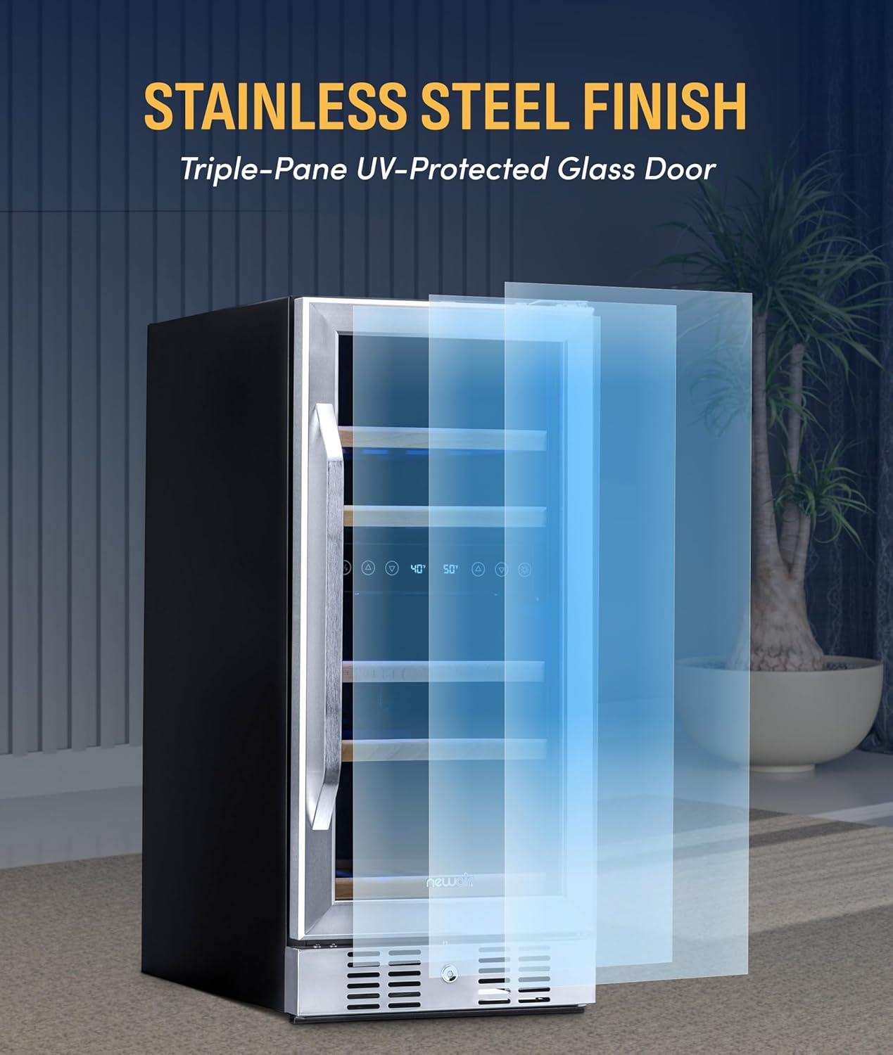 image:imageNewair 24 Wine Cooler Refrigerator Large 116 Bottle Builtin or Freestanding Dual Zone Wine Cellar in Stainless Steel with Precision Thermostat Full Extension Beechwood ShelvesStainless Steel