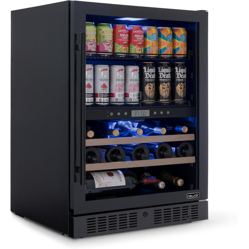 image:imageNewAir 15 Wine and Beverage Refrigerator 9 Bottle and 48 Can Capacity Beverage Cooler in Stainless Steel Builtin or Freestanding Dual Zone Drink Fridge with TriplePane Glass Door49 Bottle or 179 Can