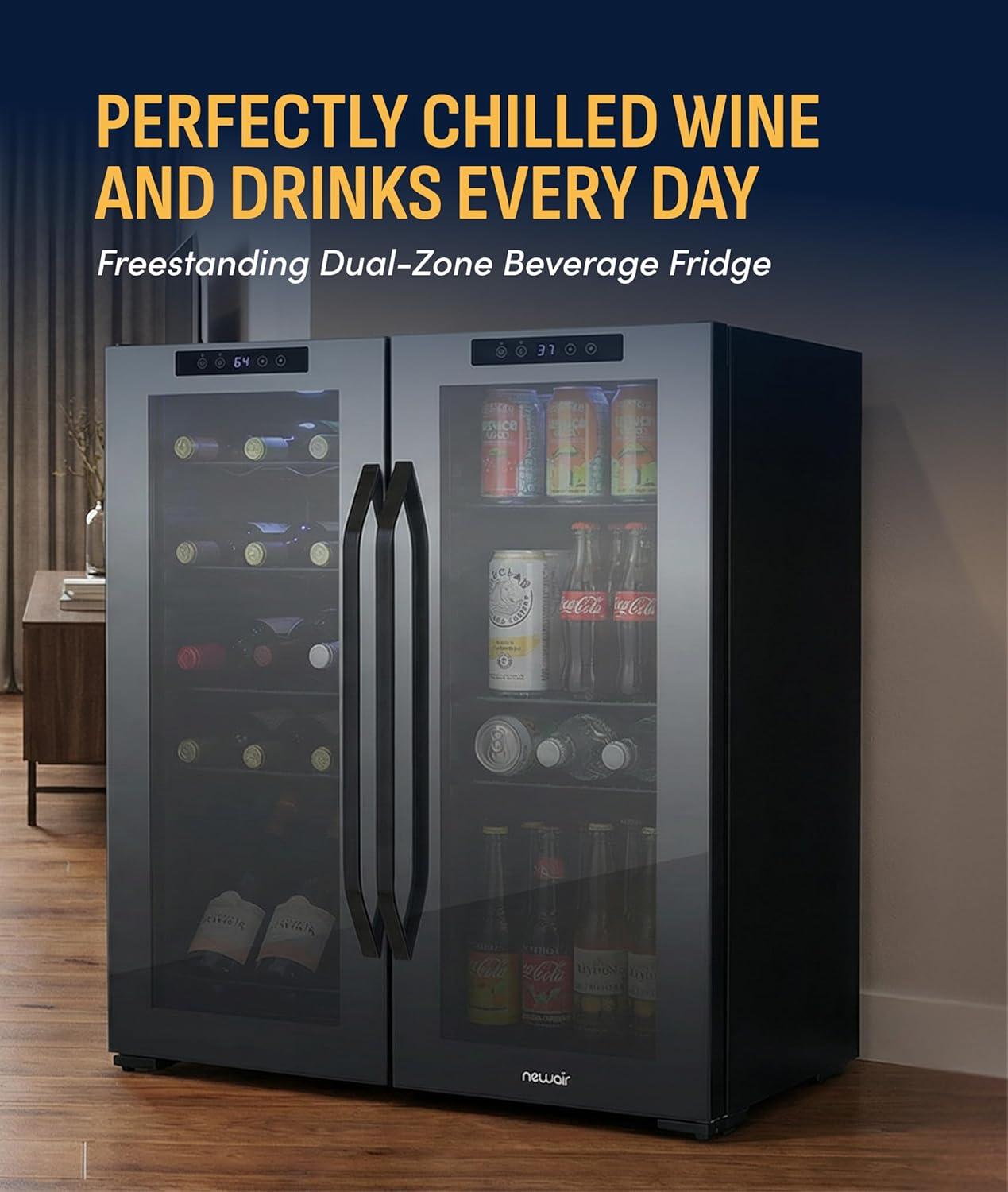 image:imageNewAir 20 Dual Zone Beverage Refrigerator amp Wine Cooler for 12 Bottles amp 39 Cans Freestanding or BuiltIn Under Counter Mini Fridge for Beer Wine and Soda Black18 Bottles 59 Cans