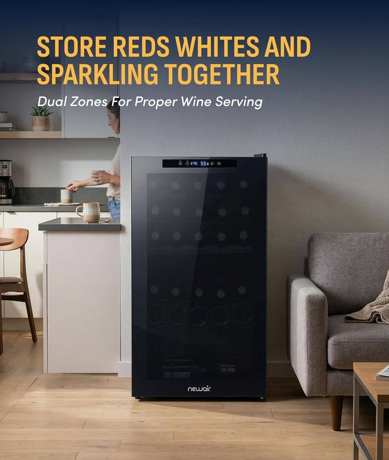 image:imageNewAir 20 Dual Zone Wine Fridge for 33 Bottles Freestanding Wine Cooler Refrigerator with Glass Door Mirrored Shadow Door amp Quiet Compressor Cooling Black