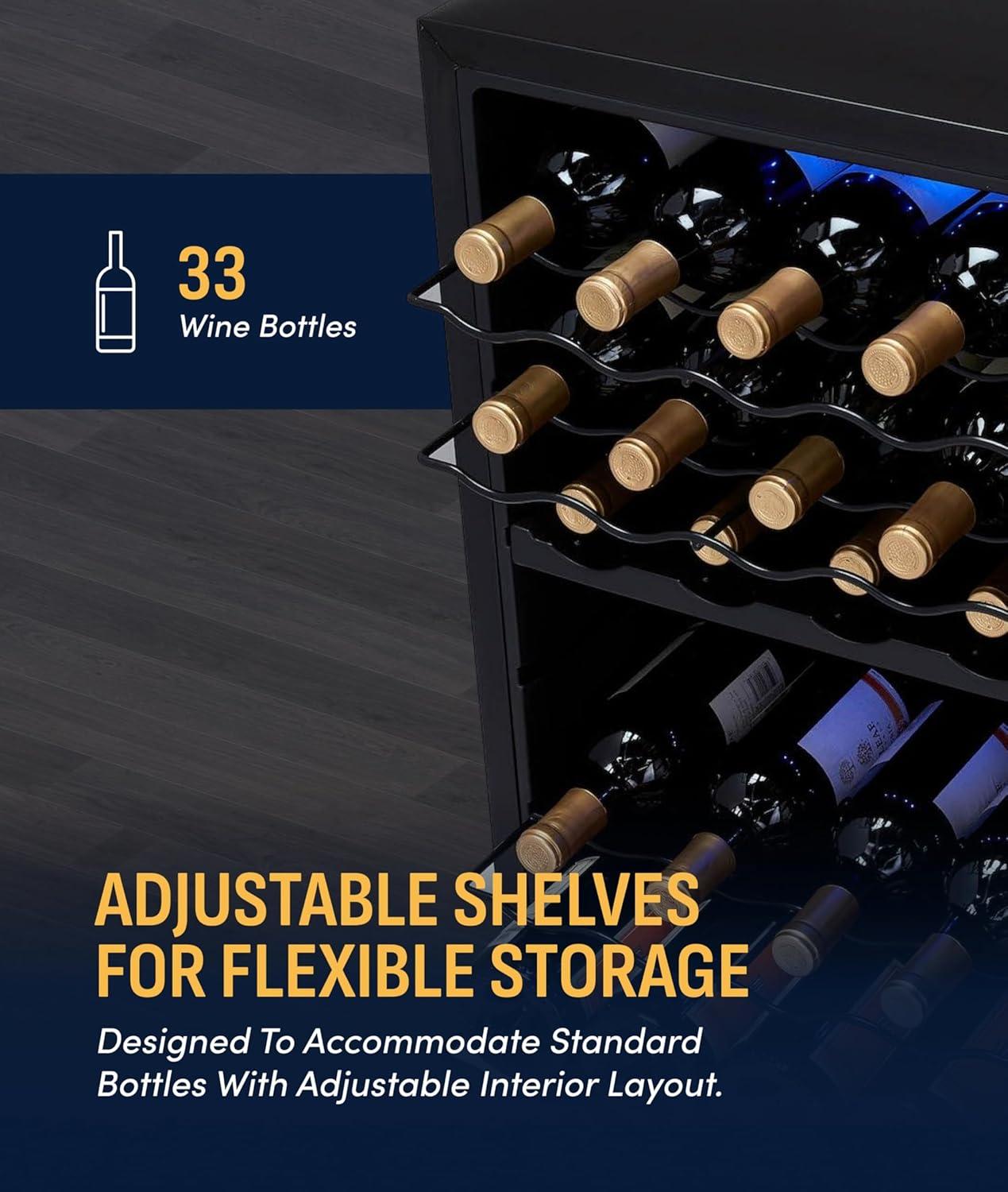 image:imageNewAir 20 Dual Zone Wine Fridge for 33 Bottles Freestanding Wine Cooler Refrigerator with Glass Door Mirrored Shadow Door amp Quiet Compressor Cooling Black
