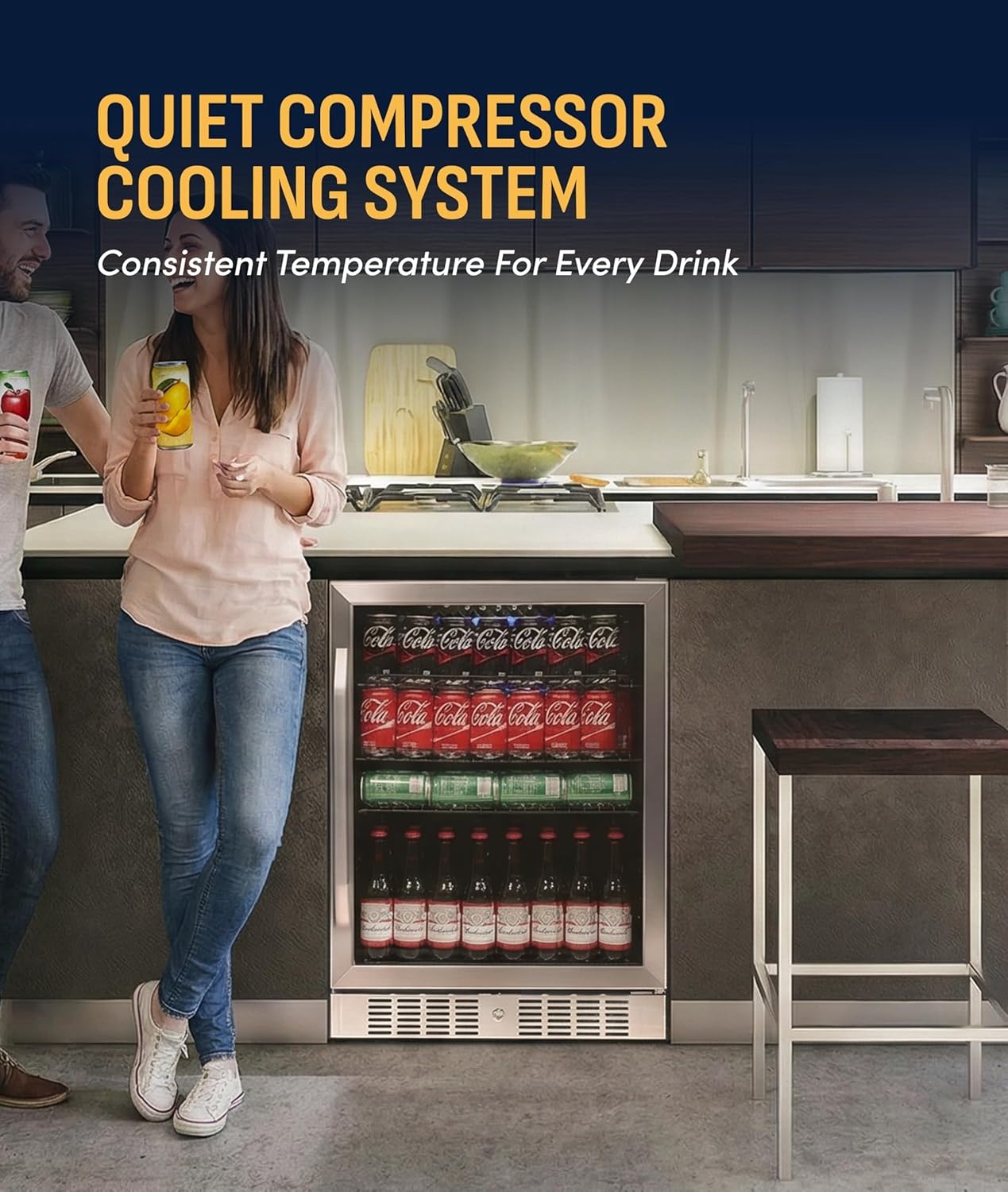 image:imageNewAir Beverage Refrigerator with Glass Door 177 Can Mini Fridge for Bedroom Dorm Office or Gaming Setup Soda Beer and Wine Cooler Stainless Steel
