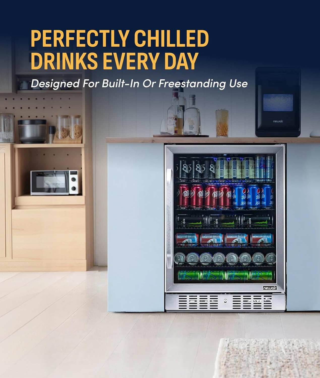 image:imageNewAir Beverage Refrigerator with Glass Door 177 Can Mini Fridge for Bedroom Dorm Office or Gaming Setup Soda Beer and Wine Cooler Stainless Steel