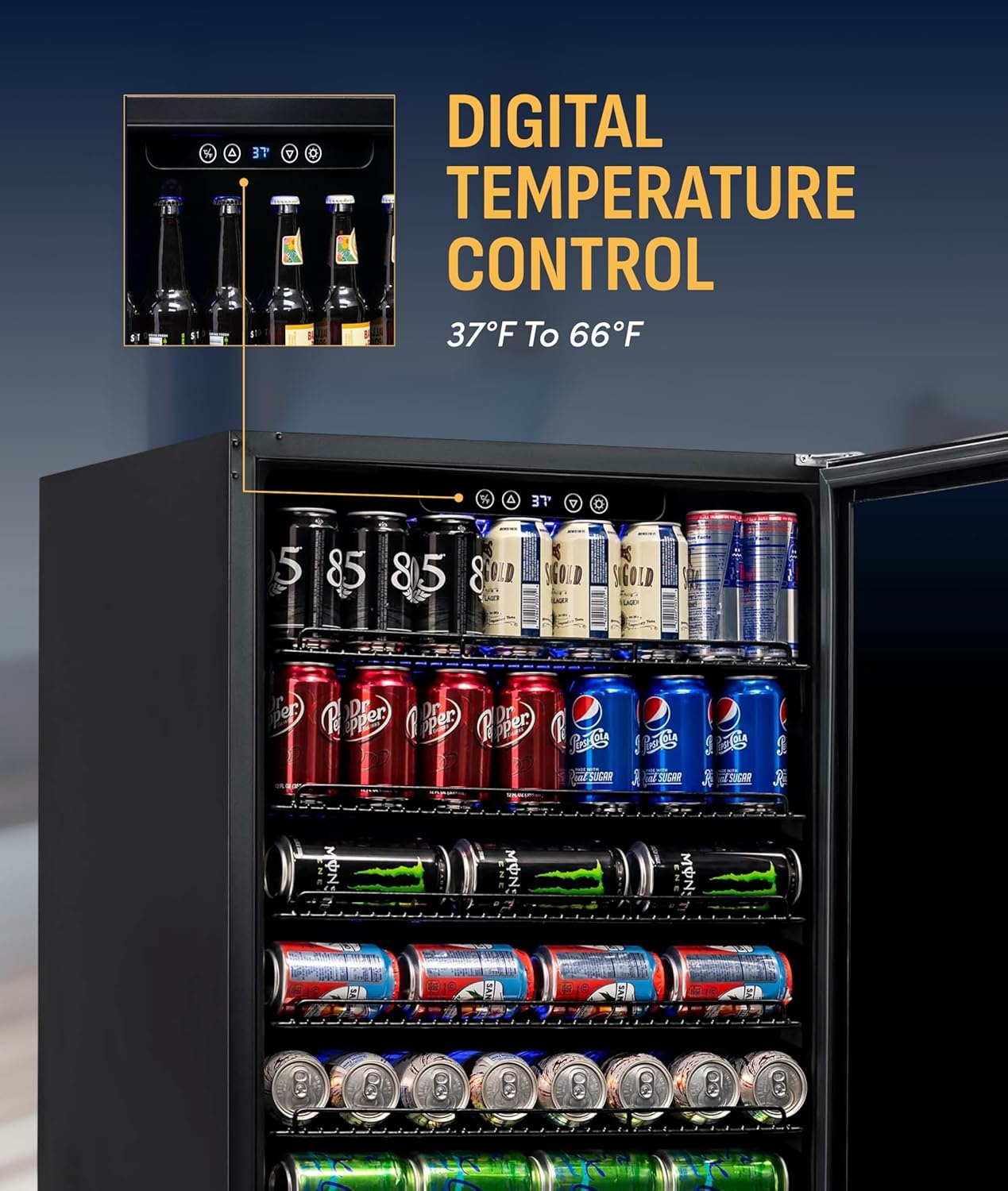 image:imageNewAir Beverage Refrigerator with Glass Door 177 Can Mini Fridge for Bedroom Dorm Office or Gaming Setup Soda Beer and Wine Cooler Stainless Steel