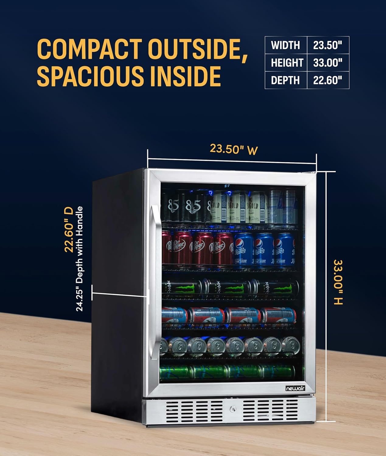 image:imageNewAir Beverage Refrigerator with Glass Door 177 Can Mini Fridge for Bedroom Dorm Office or Gaming Setup Soda Beer and Wine Cooler Stainless Steel