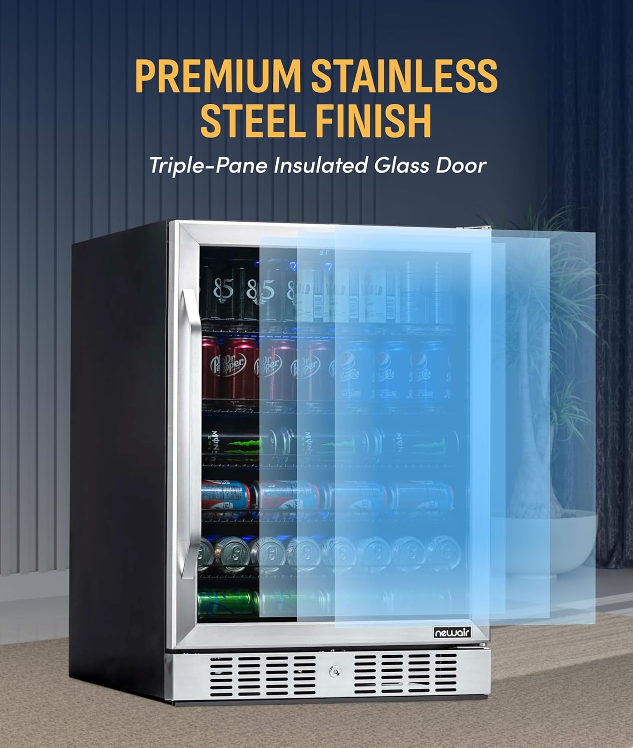image:imageNewAir Beverage Refrigerator with Glass Door 177 Can Mini Fridge for Bedroom Dorm Office or Gaming Setup Soda Beer and Wine Cooler Stainless Steel