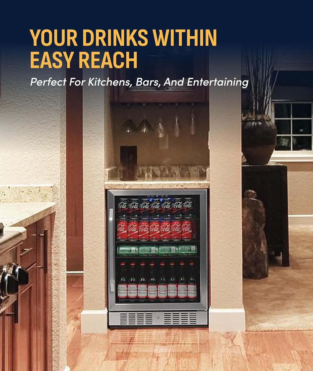 image:imageNewAir Beverage Refrigerator with Glass Door 177 Can Mini Fridge for Bedroom Dorm Office or Gaming Setup Soda Beer and Wine Cooler Stainless Steel