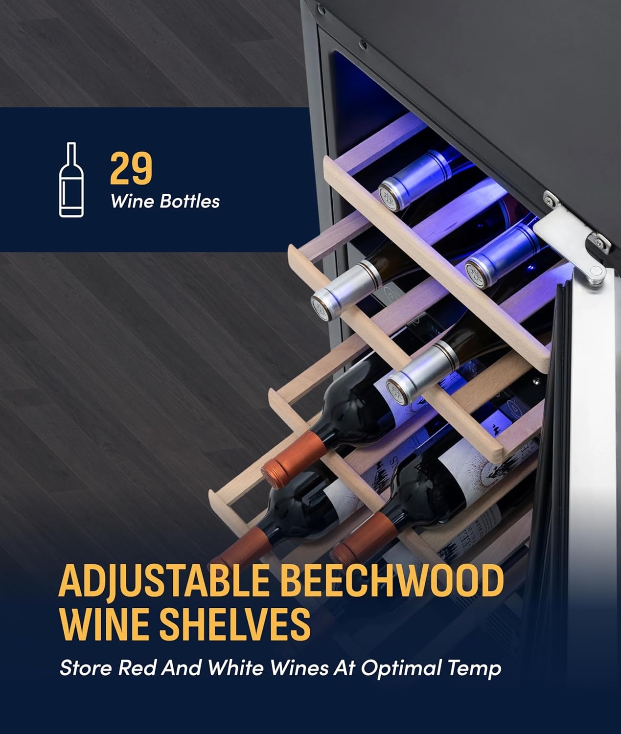 image:imageNewAir 15 Dual Zone Wine Fridge for 29 Bottles BuiltIn or Freestanding Wine Cooler Refrigerator with Glass Door Precision Temperature Control amp Beechwood Shelving Stainless Steel