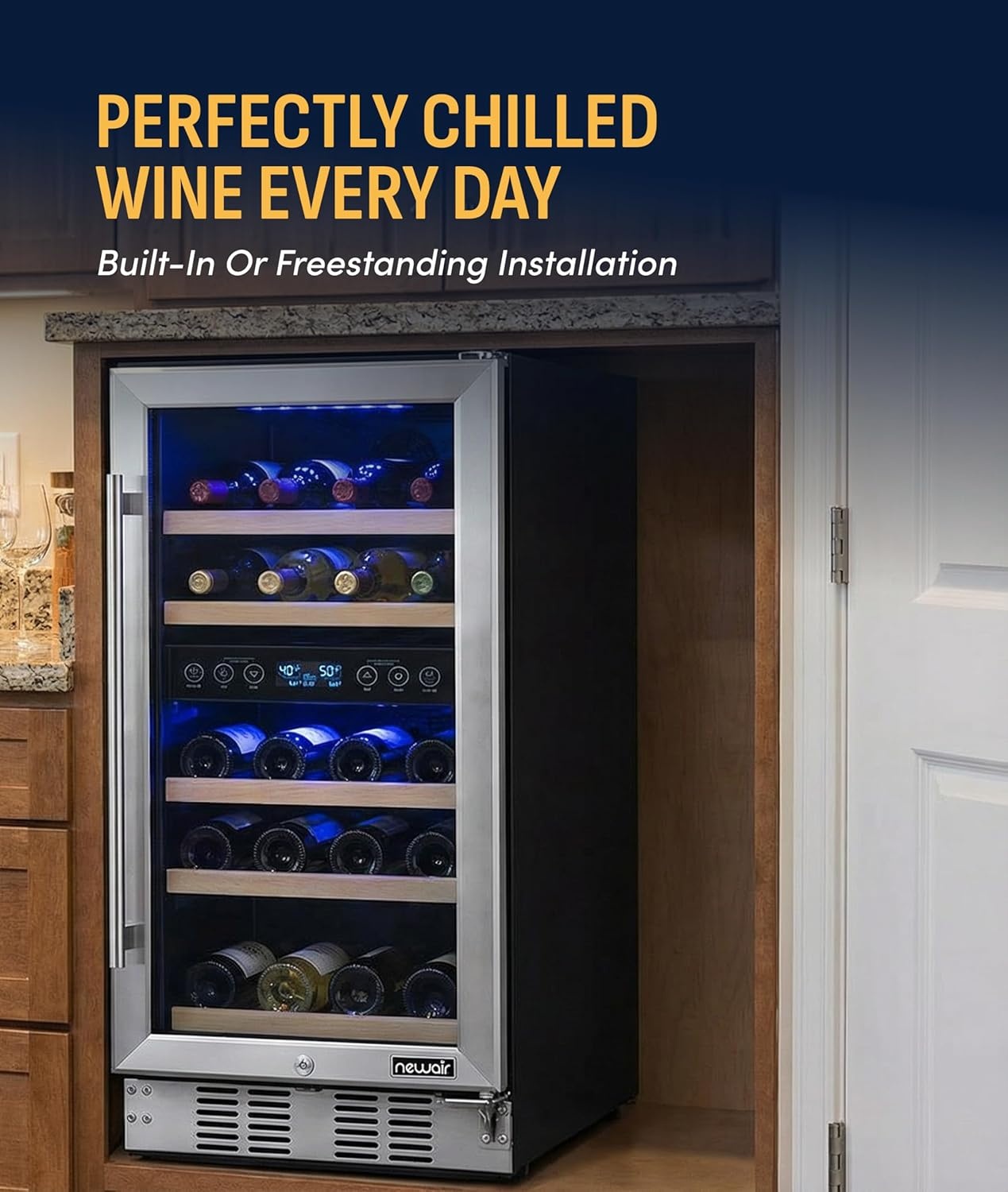 image:imageNewAir 15 Dual Zone Wine Fridge for 29 Bottles BuiltIn or Freestanding Wine Cooler Refrigerator with Glass Door Precision Temperature Control amp Beechwood Shelving Stainless Steel