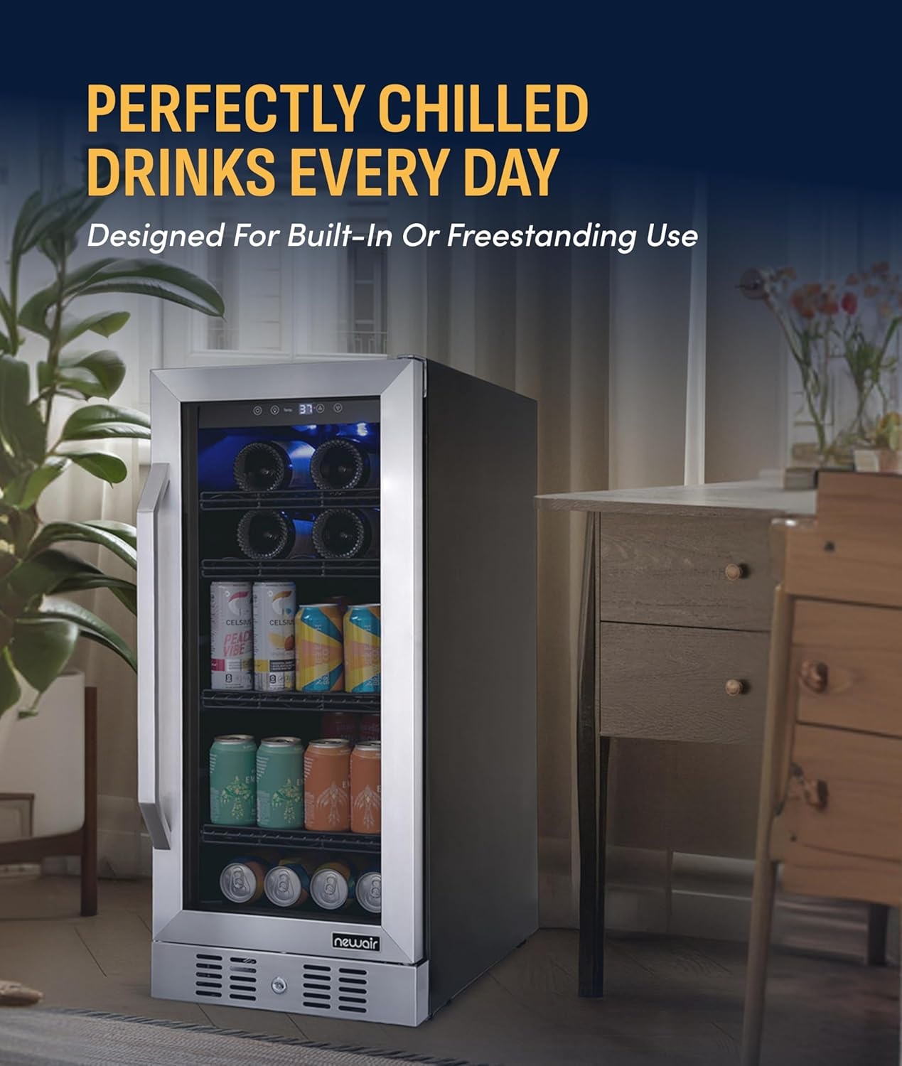 image:imageNewAir 15 Single Zone Beverage amp Wine Fridge Beverage Refrigerator amp Wine Cooler for 33 Bottles 80 Cans Freestanding or BuiltIn Under Counter Mini Fridge for Beer Wine amp Soda Stainless SteelStainless Steel