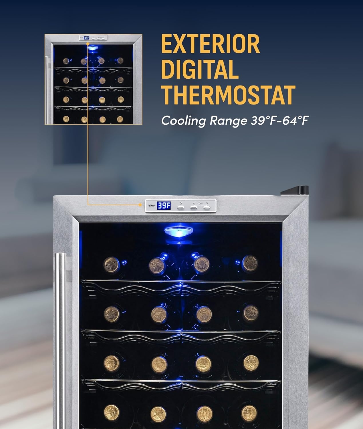 image:imageNewAir 17 Wine Fridge for 27 Bottles Freestanding Wine Cooler Refrigerator with Glass Door Quiet Compressor Cooling Adjustable Metal Racks amp LED Light Stainless Steel