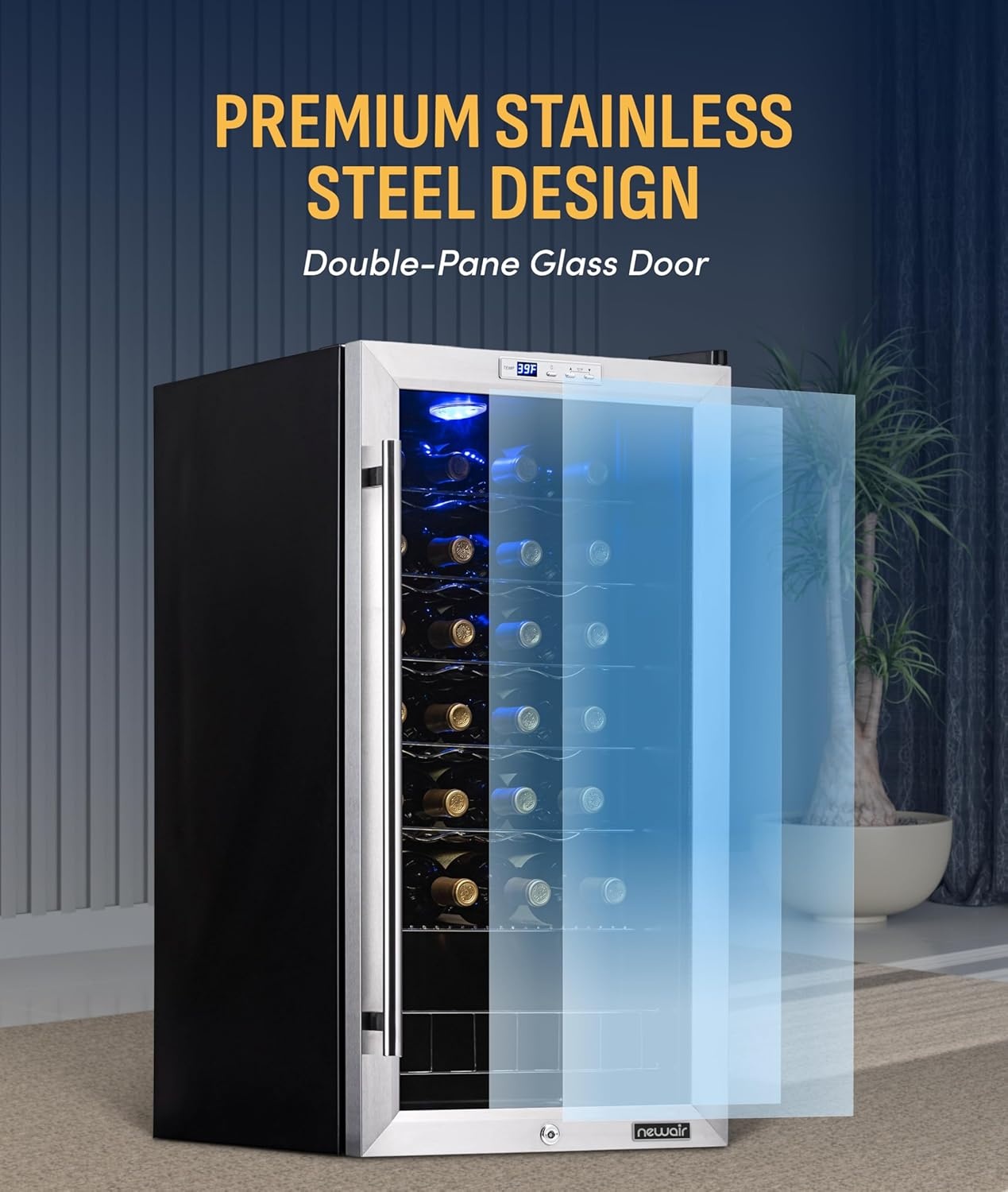 image:imageNewAir 17 Wine Fridge for 27 Bottles Freestanding Wine Cooler Refrigerator with Glass Door Quiet Compressor Cooling Adjustable Metal Racks amp LED Light Stainless Steel