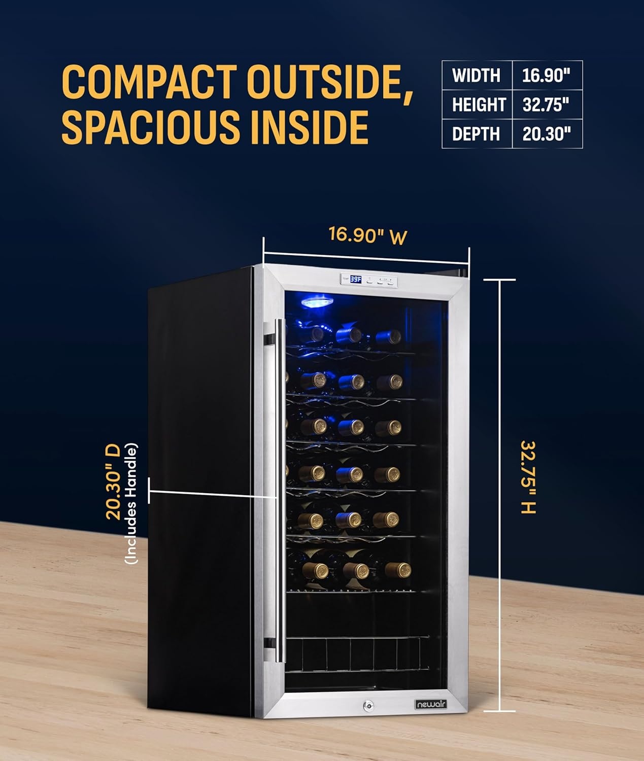 image:imageNewAir 17 Wine Fridge for 27 Bottles Freestanding Wine Cooler Refrigerator with Glass Door Quiet Compressor Cooling Adjustable Metal Racks amp LED Light Stainless Steel