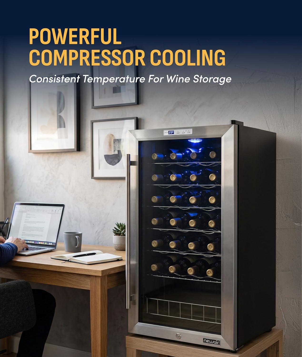 image:imageNewAir 17 Wine Fridge for 27 Bottles Freestanding Wine Cooler Refrigerator with Glass Door Quiet Compressor Cooling Adjustable Metal Racks amp LED Light Stainless Steel