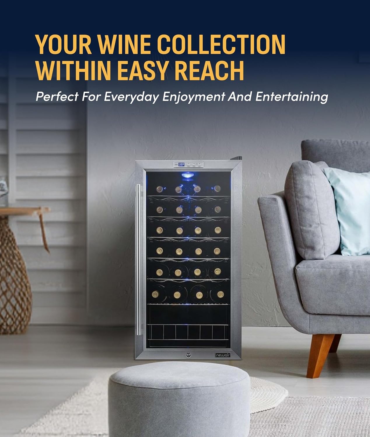 image:imageNewAir 17 Wine Fridge for 27 Bottles Freestanding Wine Cooler Refrigerator with Glass Door Quiet Compressor Cooling Adjustable Metal Racks amp LED Light Stainless Steel