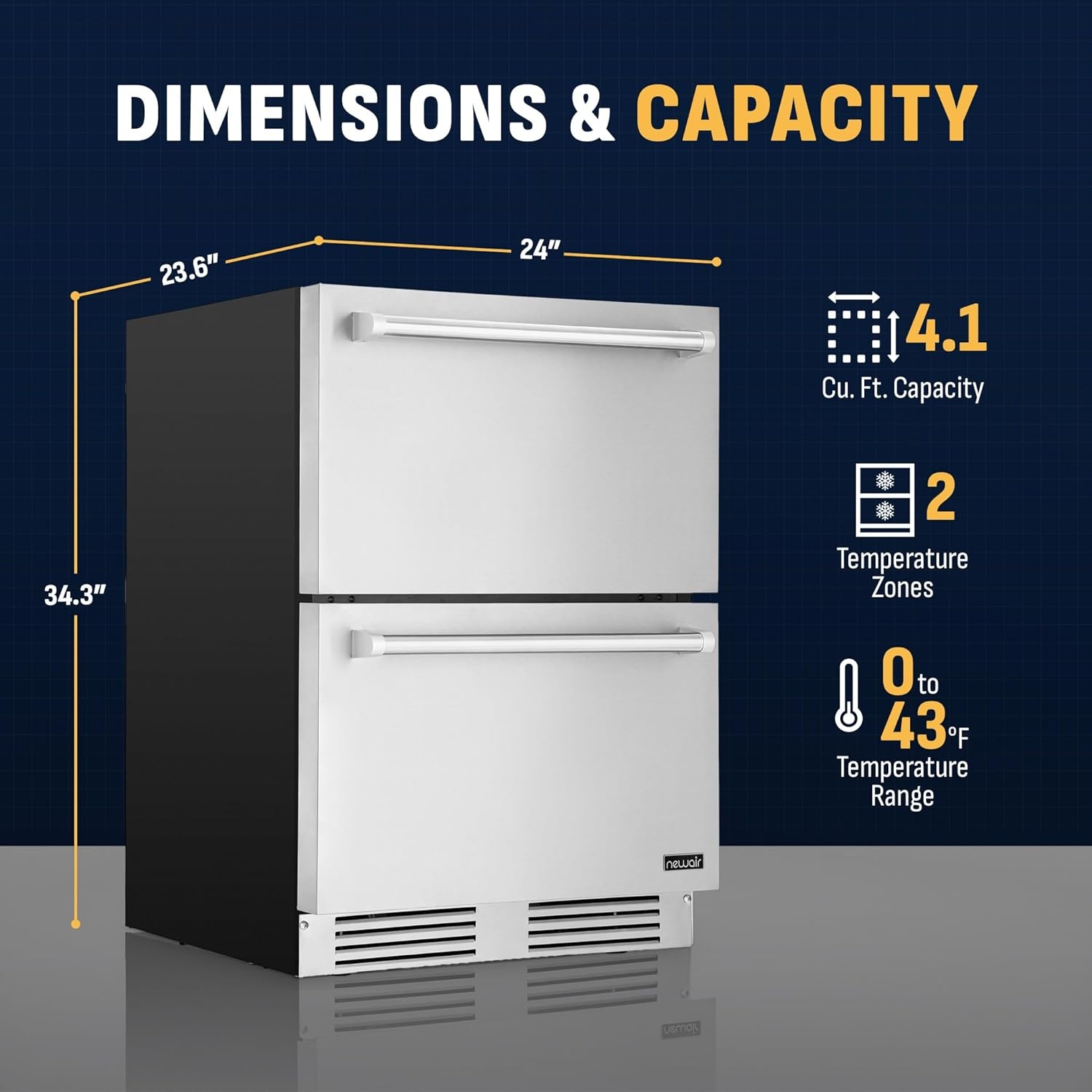 image:imageNewAir 24 Dual Zone Outdoor Beverage Fridge and Freezer Freestanding or BuiltIn Under counter Refrigerator for Outside Patio Dual Drawers that Refrigerate and Freeze Stainless Steel
