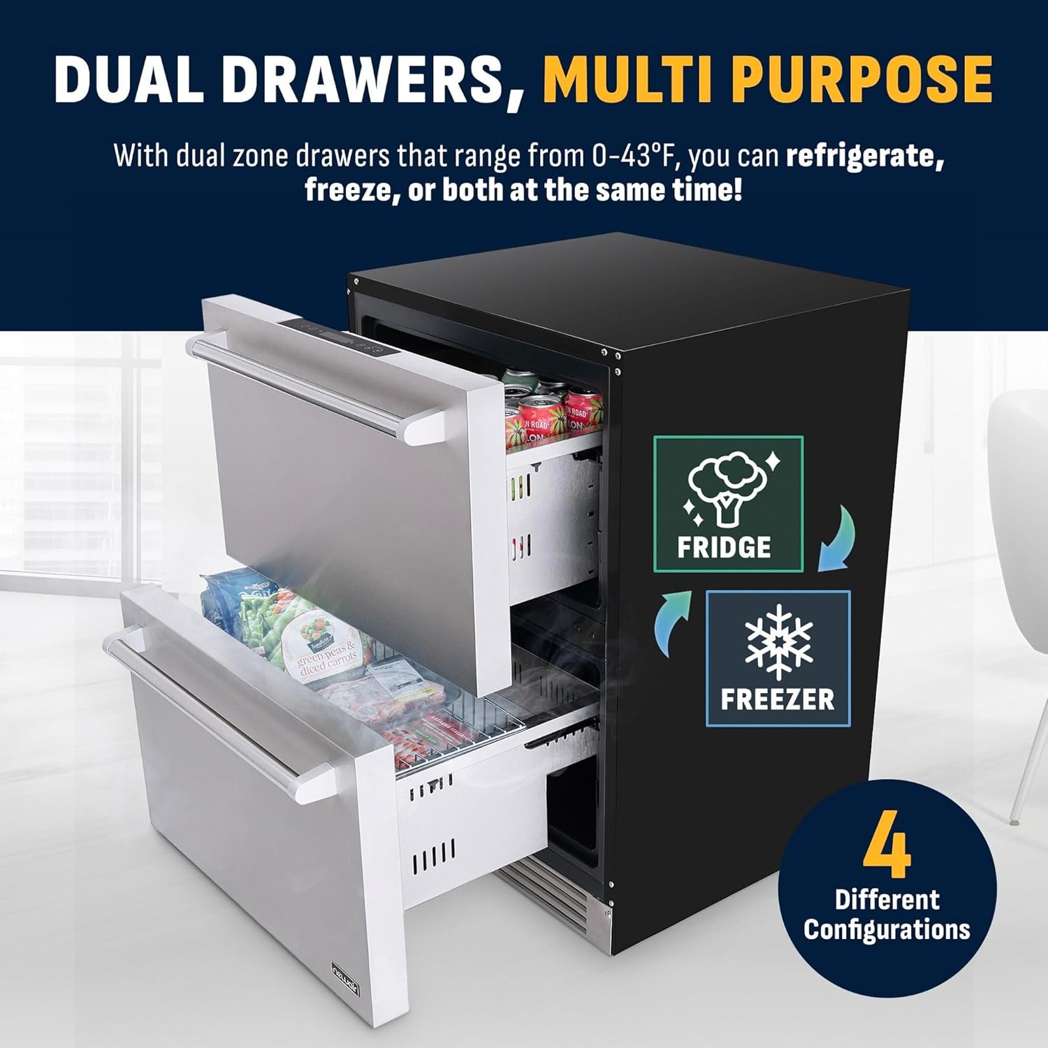 image:imageNewAir 24 Dual Zone Outdoor Beverage Fridge and Freezer Freestanding or BuiltIn Under counter Refrigerator for Outside Patio Dual Drawers that Refrigerate and Freeze Stainless Steel