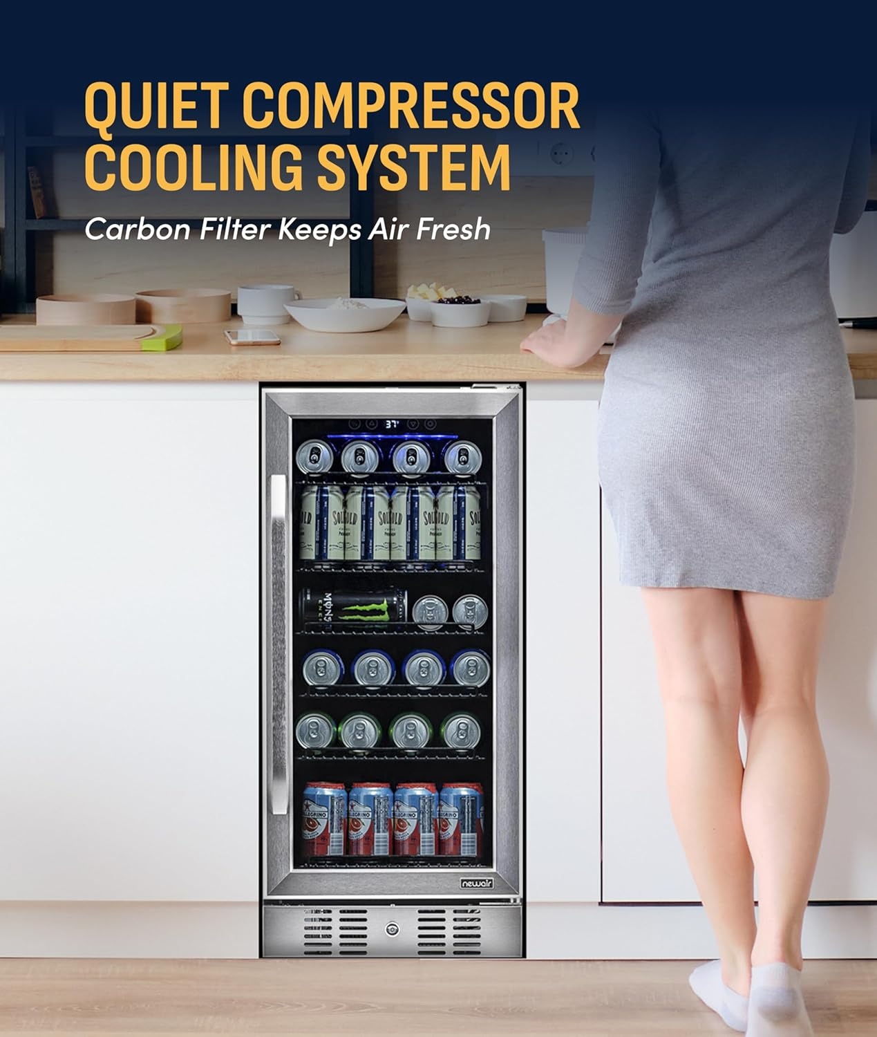 image:imageNewAir 96 Can BuiltIn Beverage Refrigerator 15 Small Mini Fridge for Bedroom Home Bar or Office Quiet Cooling amp Precise Temperature Control Stainless SteelStainless Steel