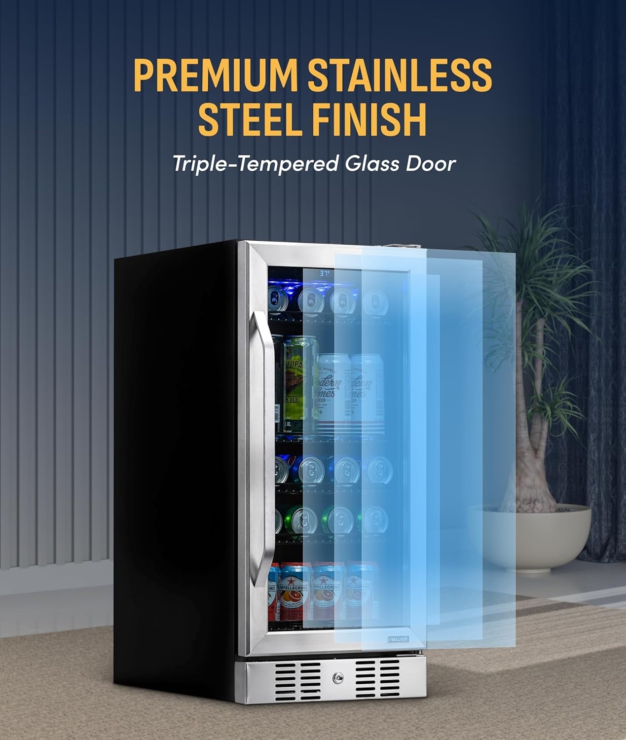image:imageNewAir 96 Can BuiltIn Beverage Refrigerator 15 Small Mini Fridge for Bedroom Home Bar or Office Quiet Cooling amp Precise Temperature Control Stainless SteelStainless Steel
