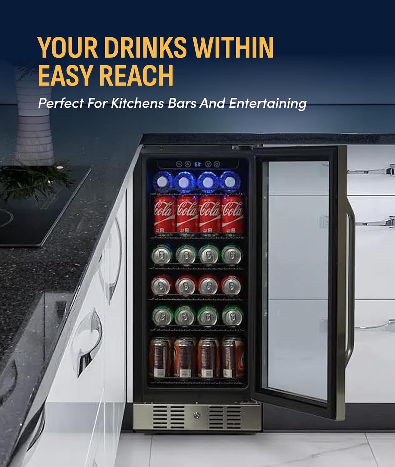 image:imageNewAir 96 Can BuiltIn Beverage Refrigerator 15 Small Mini Fridge for Bedroom Home Bar or Office Quiet Cooling amp Precise Temperature Control Stainless SteelStainless Steel