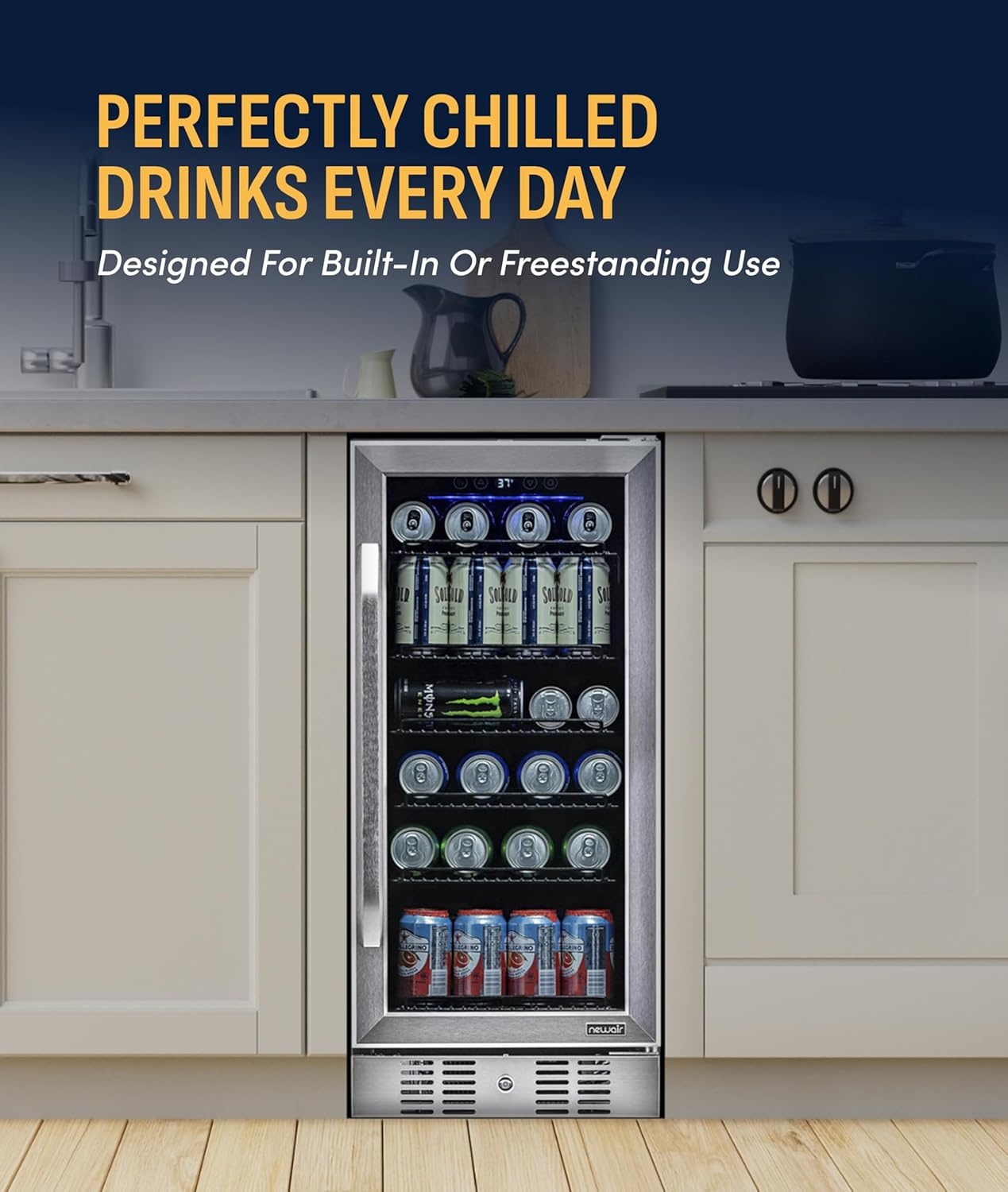 image:imageNewAir 96 Can BuiltIn Beverage Refrigerator 15 Small Mini Fridge for Bedroom Home Bar or Office Quiet Cooling amp Precise Temperature Control Stainless SteelStainless Steel