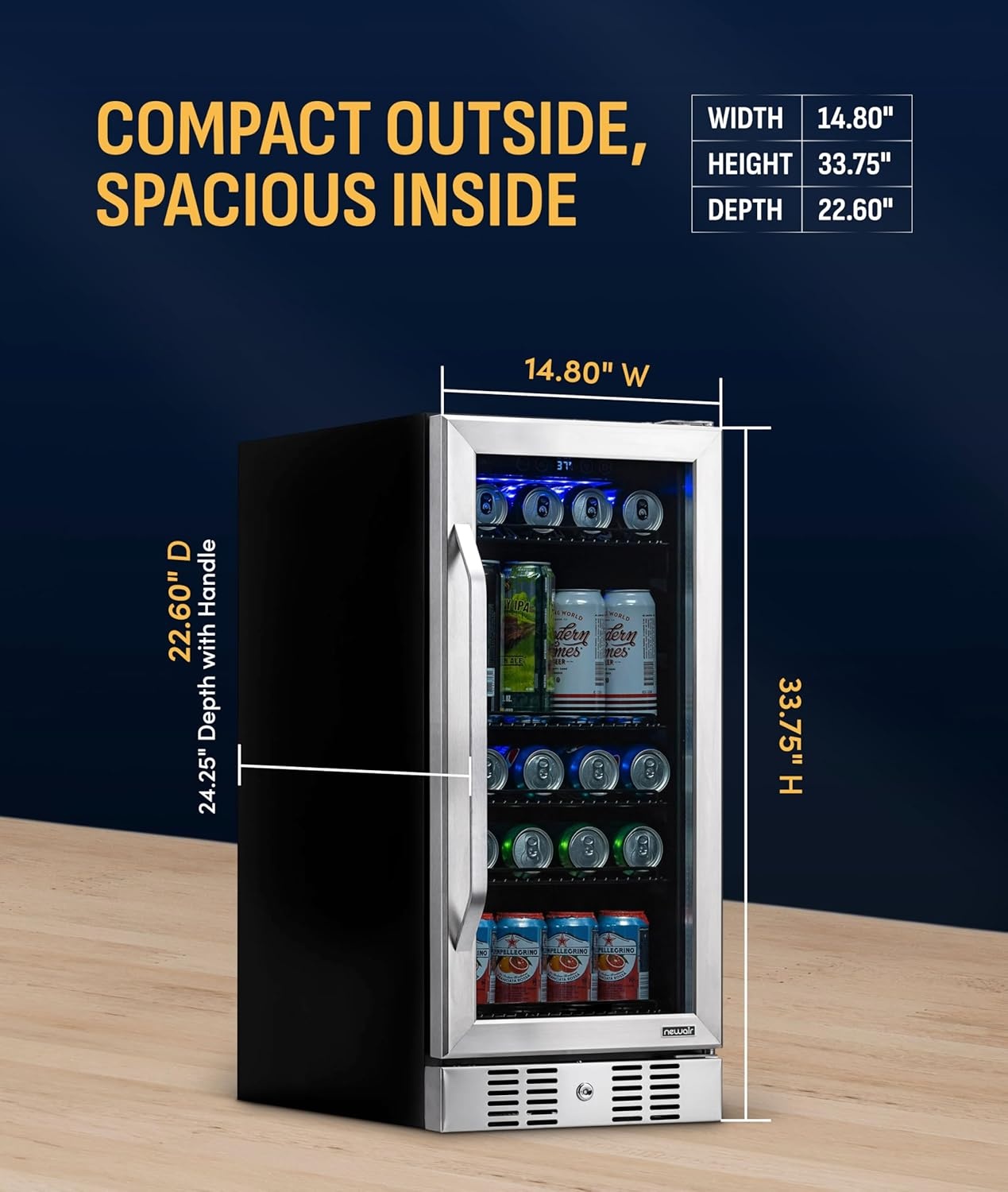 image:imageNewAir 96 Can BuiltIn Beverage Refrigerator 15 Small Mini Fridge for Bedroom Home Bar or Office Quiet Cooling amp Precise Temperature Control Stainless SteelStainless Steel