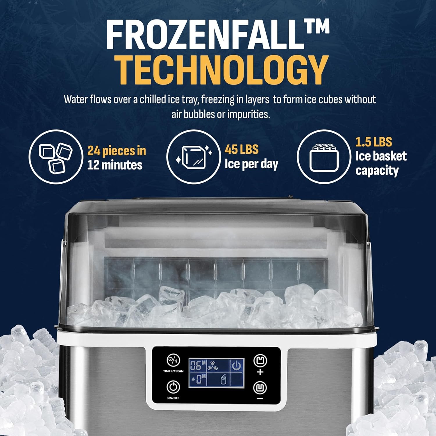 image:imageNewair Countertop Clear Ice Maker 45lbsDay Ice Cube Machine SelfCleaning Function and Custom Ice Thickness Portable Ice Maker 24H Timer Ideal for Home Office and Outdoor Bar Stainless Steel