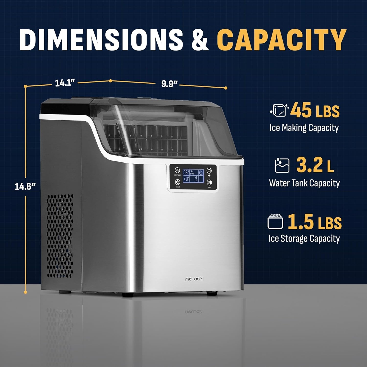 image:imageNewair Countertop Clear Ice Maker 45lbsDay Ice Cube Machine SelfCleaning Function and Custom Ice Thickness Portable Ice Maker 24H Timer Ideal for Home Office and Outdoor Bar Stainless Steel