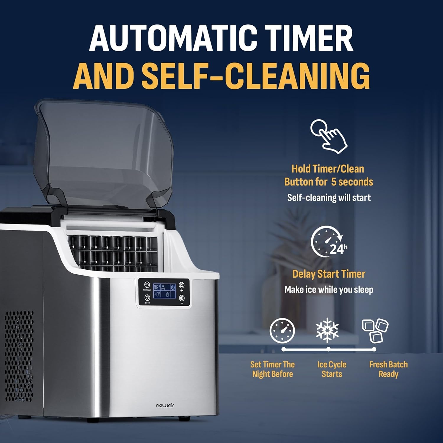 image:imageNewair Countertop Clear Ice Maker 45lbsDay Ice Cube Machine SelfCleaning Function and Custom Ice Thickness Portable Ice Maker 24H Timer Ideal for Home Office and Outdoor Bar Stainless Steel