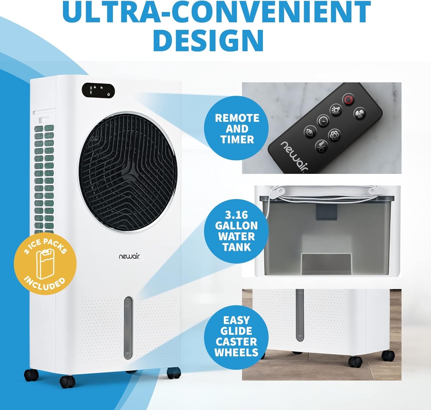 image:imageNewair Evaporative Air Cooler AC Portable Air Conditioner Alternative with 1600 CFM Airflow Room Cooling Fan for Bedroom Garage amp Indoor Use WhiteWhite