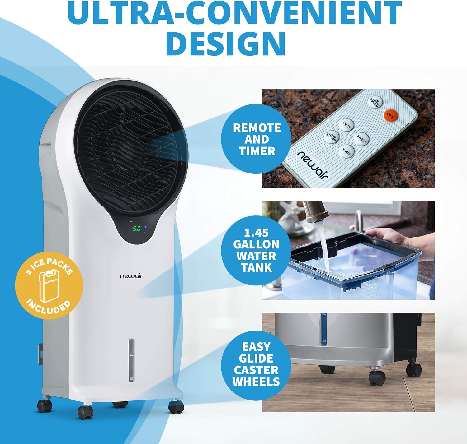 image:imageNewair Evaporative Air Cooler AC Portable Air Conditioner Alternative with 470 CFM Airflow Room Cooling Fan for Bedroom Garage amp Indoor Use White