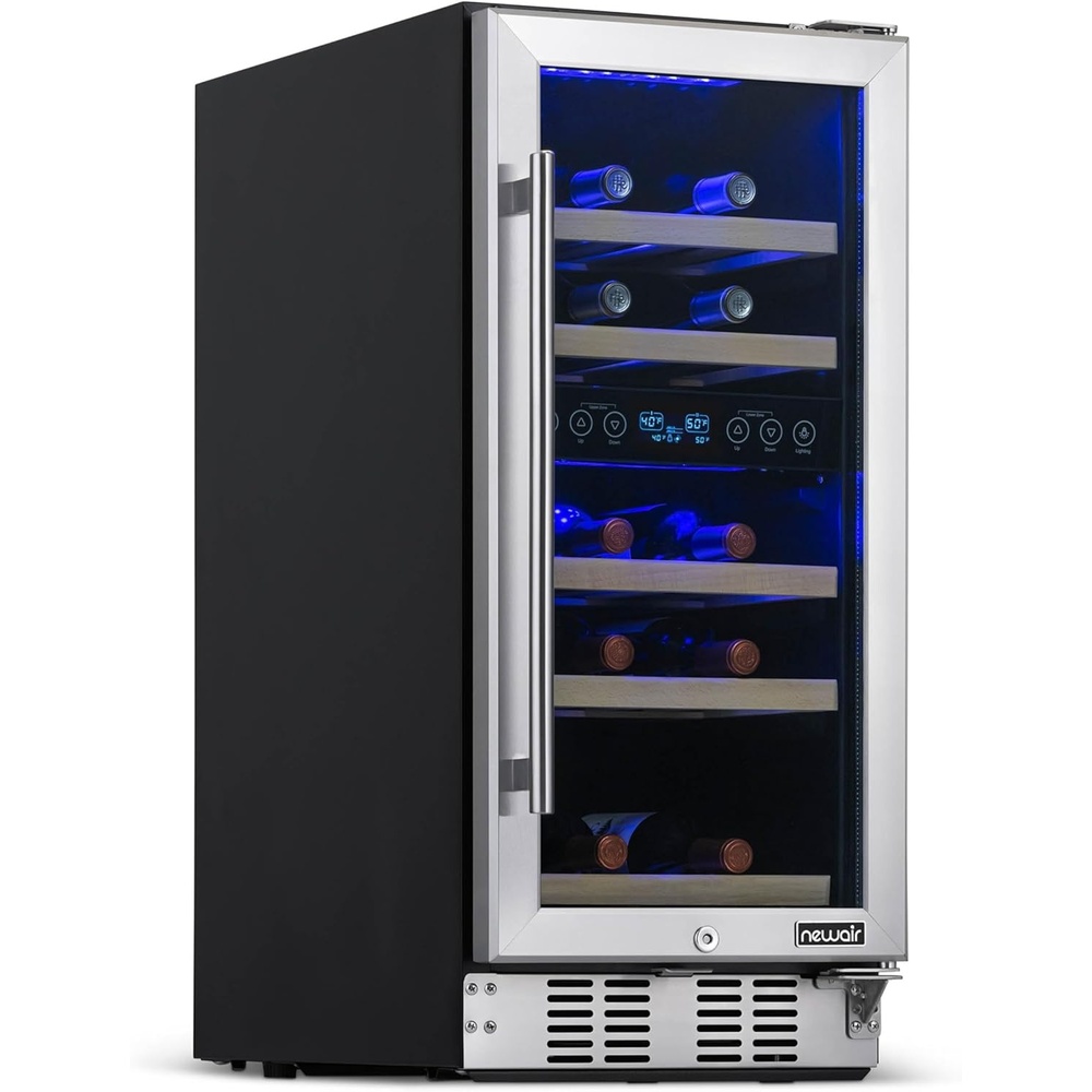 image:imageNewAir 15 Dual Zone Wine Fridge for 29 Bottles BuiltIn or Freestanding Wine Cooler Refrigerator with Glass Door Precision Temperature Control amp Beechwood Shelving Stainless Steel