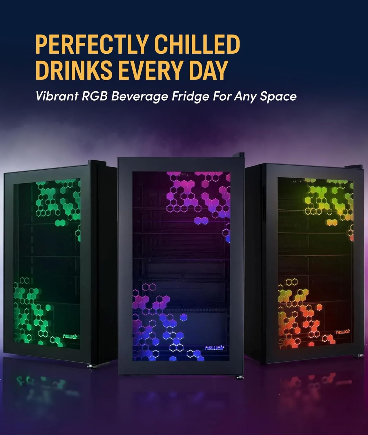 image:imageNewAir 126 Can Beverage Refrigerator with HexaColor LED Lights Small Mini Fridge for Bedroom Gaming Room or Office Remote Controlled Lighting amp Quiet Cooling126 can
