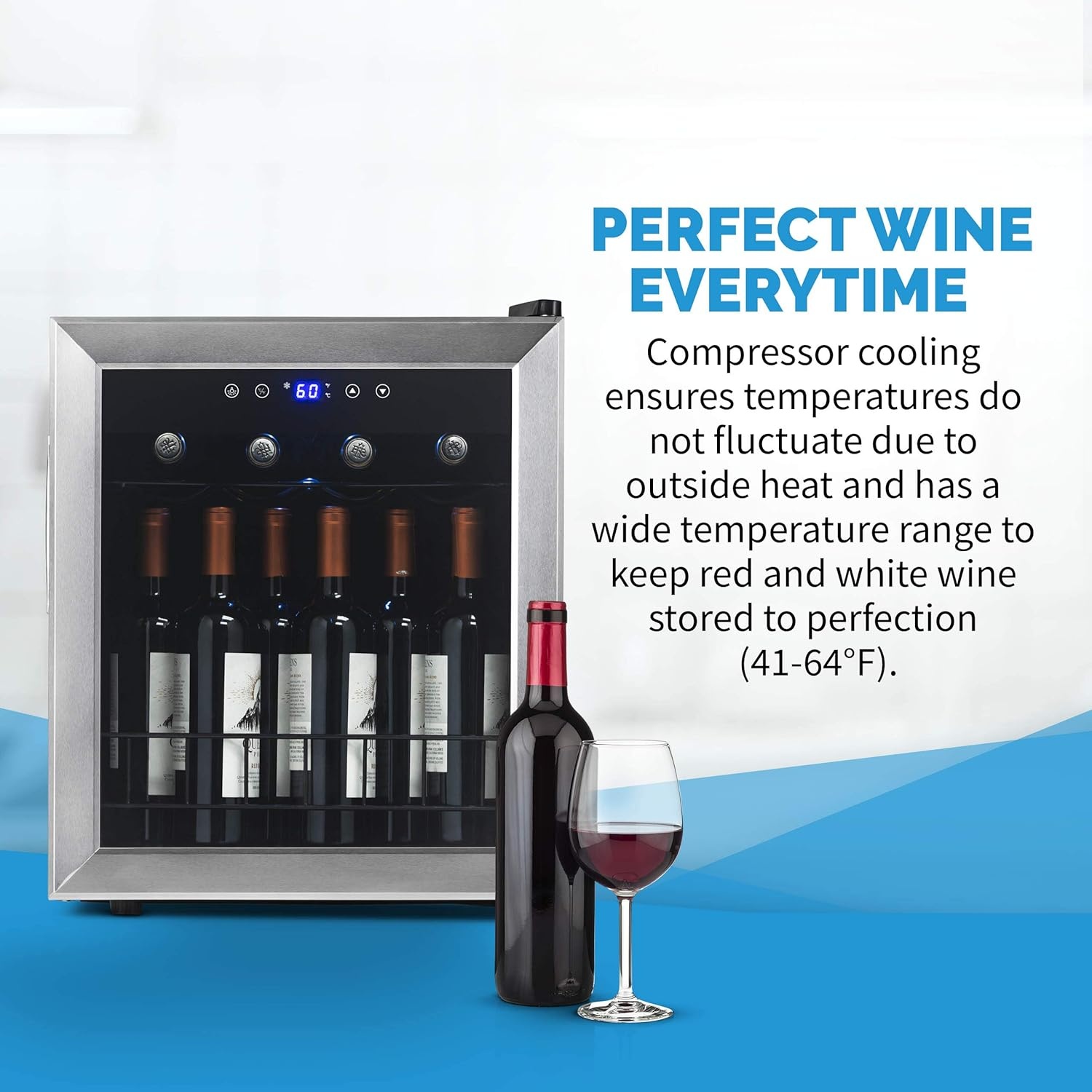 image:imageNewAir 19 Wine Fridge for 23 Bottles Freestanding Wine Cooler Refrigerator with Glass Door Quiet Compressor Cooling amp Digital Thermostat Stainless SteelStainless Steel
