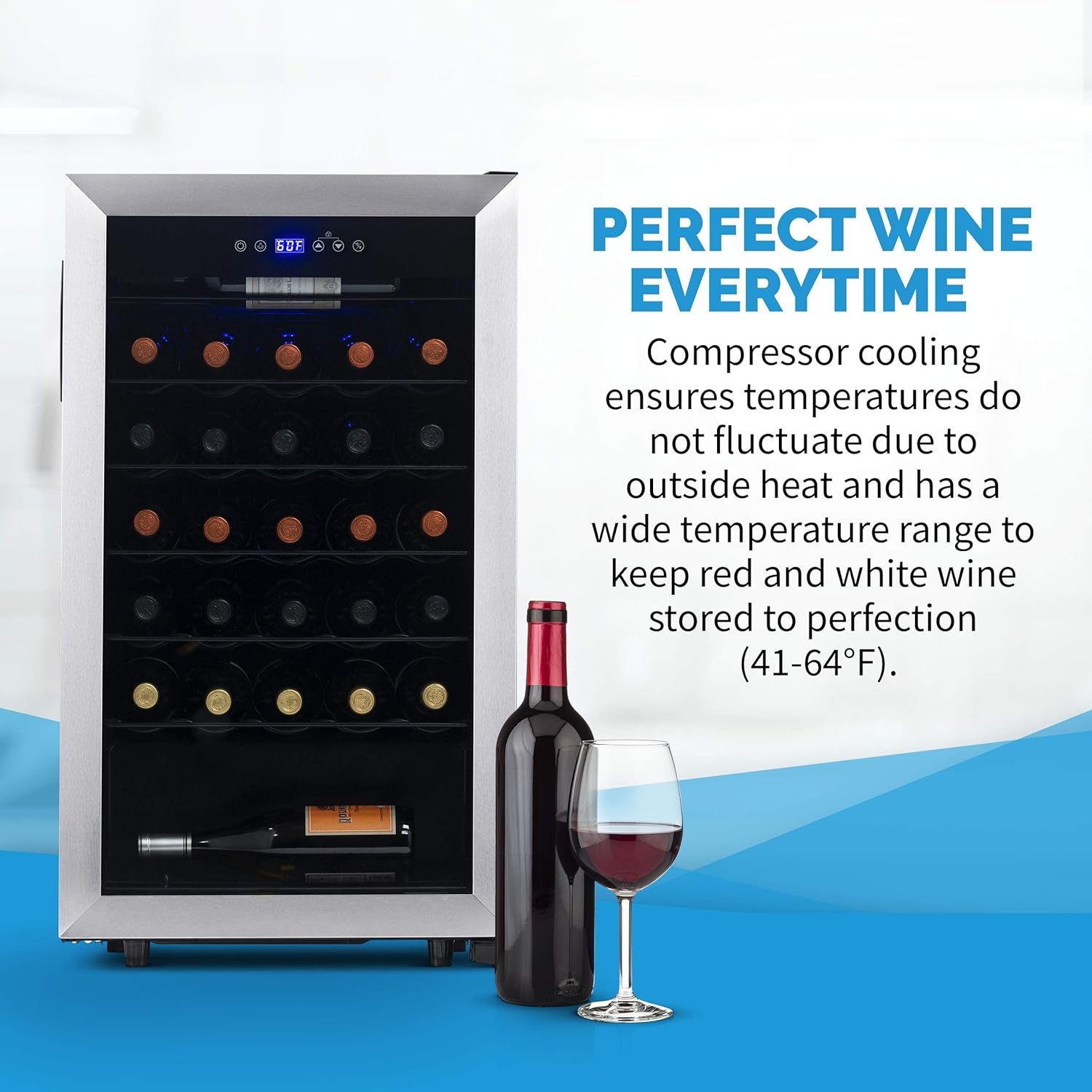 image:imageNewAir 19 Wine Fridge for 23 Bottles Freestanding Wine Cooler Refrigerator with Glass Door Quiet Compressor Cooling amp Digital Thermostat Stainless SteelStainless Steel