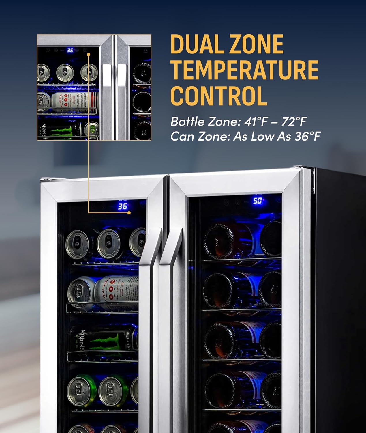 image:imageNewAir 24 Dual Zone Beverage Refrigerator amp Wine Cooler for 18 Bottles amp 60 Cans Freestanding or BuiltIn Under Counter Mini Fridge for Beer Wine and Soda Stainless Steel18 Bottle 60 Can