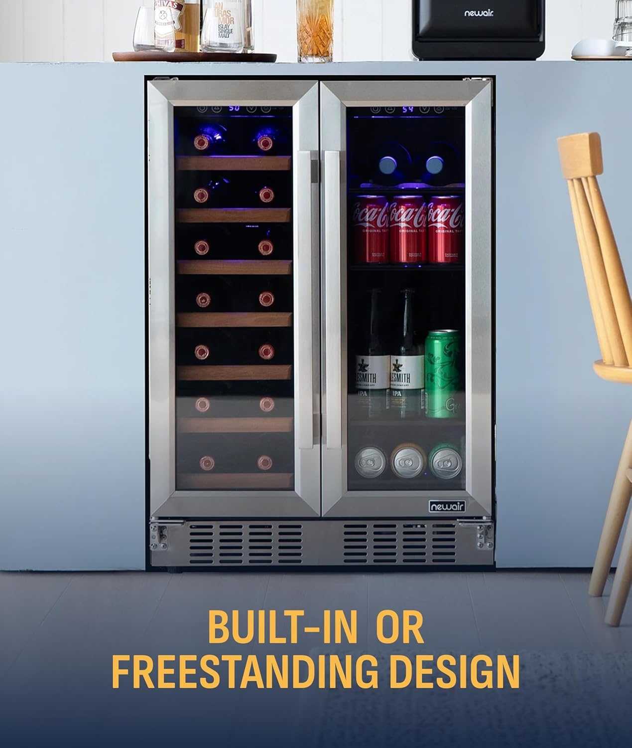 image:imageNewAir 24 Dual Zone Beverage Refrigerator amp Wine Cooler for 18 Bottles amp 60 Cans Freestanding or BuiltIn Under Counter Mini Fridge for Beer Wine and Soda Stainless Steel20 Bottle 78 Can