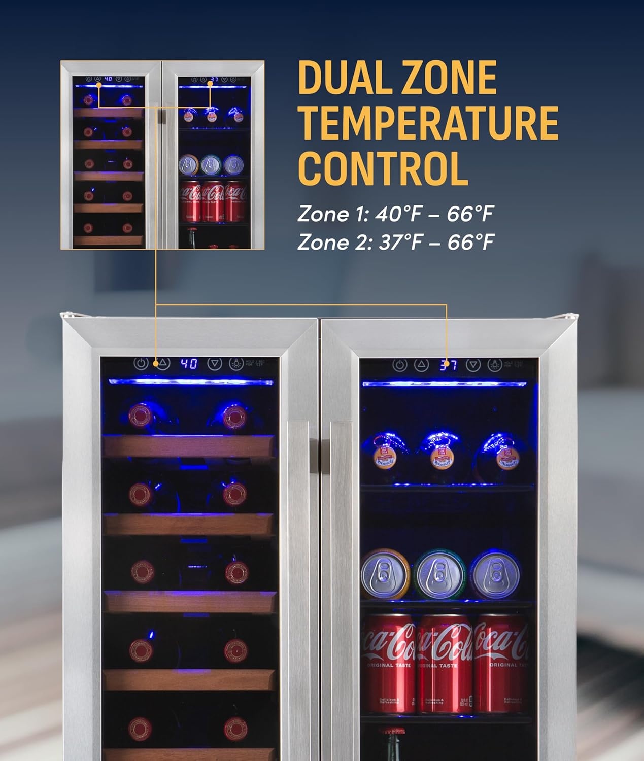 image:imageNewAir 24 Dual Zone Beverage Refrigerator amp Wine Cooler for 18 Bottles amp 60 Cans Freestanding or BuiltIn Under Counter Mini Fridge for Beer Wine and Soda Stainless Steel20 Bottle 78 Can