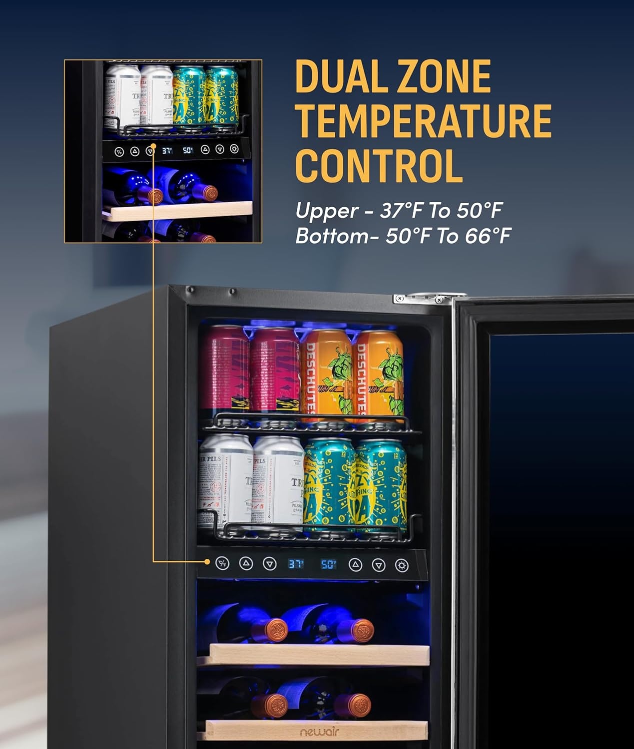 image:imageNewAir 24 Dual Zone Beverage Refrigerator amp Wine Cooler for 18 Bottles amp 60 Cans Freestanding or BuiltIn Under Counter Mini Fridge for Beer Wine and Soda Stainless Steel9 Bottle 48 Can
