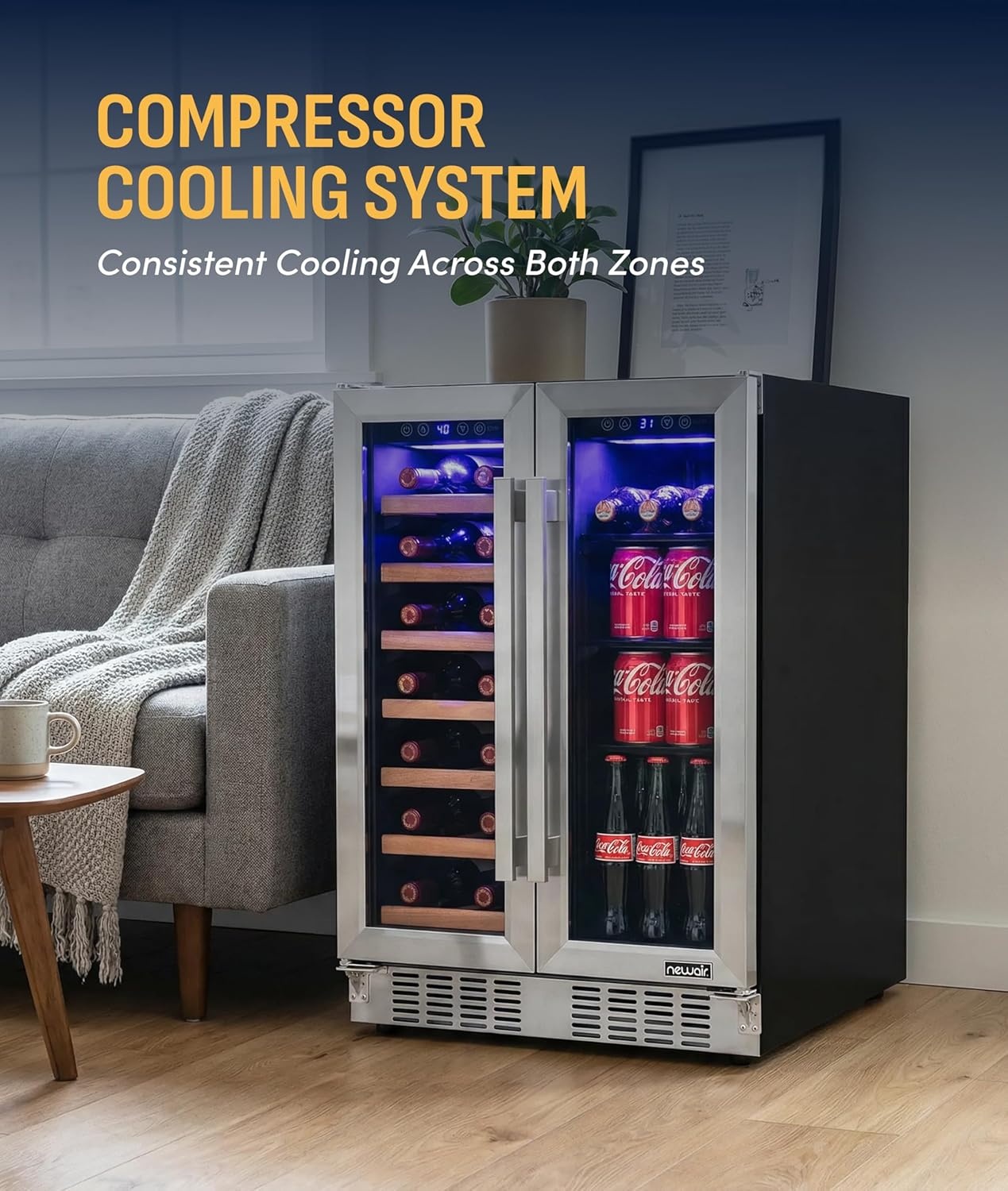 image:imageNewAir 24 Dual Zone Beverage Refrigerator amp Wine Cooler for 18 Bottles amp 60 Cans Freestanding or BuiltIn Under Counter Mini Fridge for Beer Wine and Soda Stainless Steel20 Bottle 78 Can