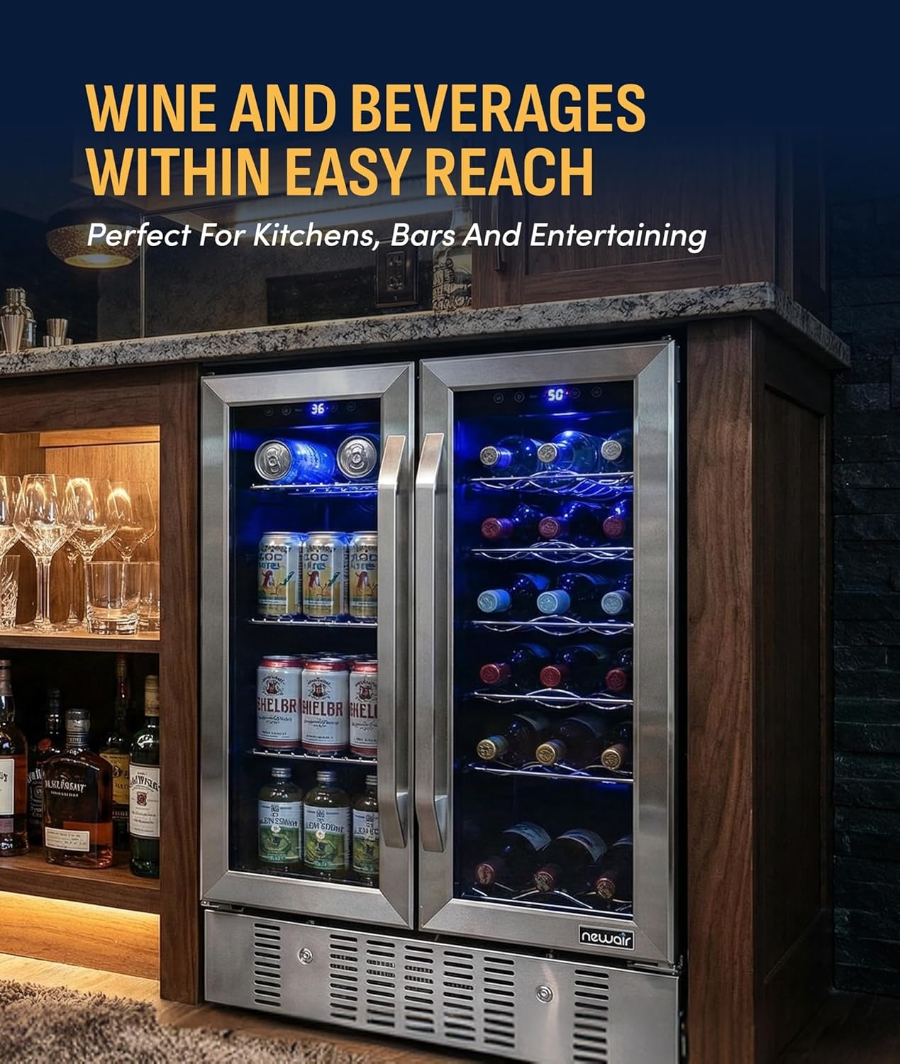 image:imageNewAir 24 Dual Zone Beverage Refrigerator amp Wine Cooler for 18 Bottles amp 60 Cans Freestanding or BuiltIn Under Counter Mini Fridge for Beer Wine and Soda Stainless Steel18 Bottle 60 Can