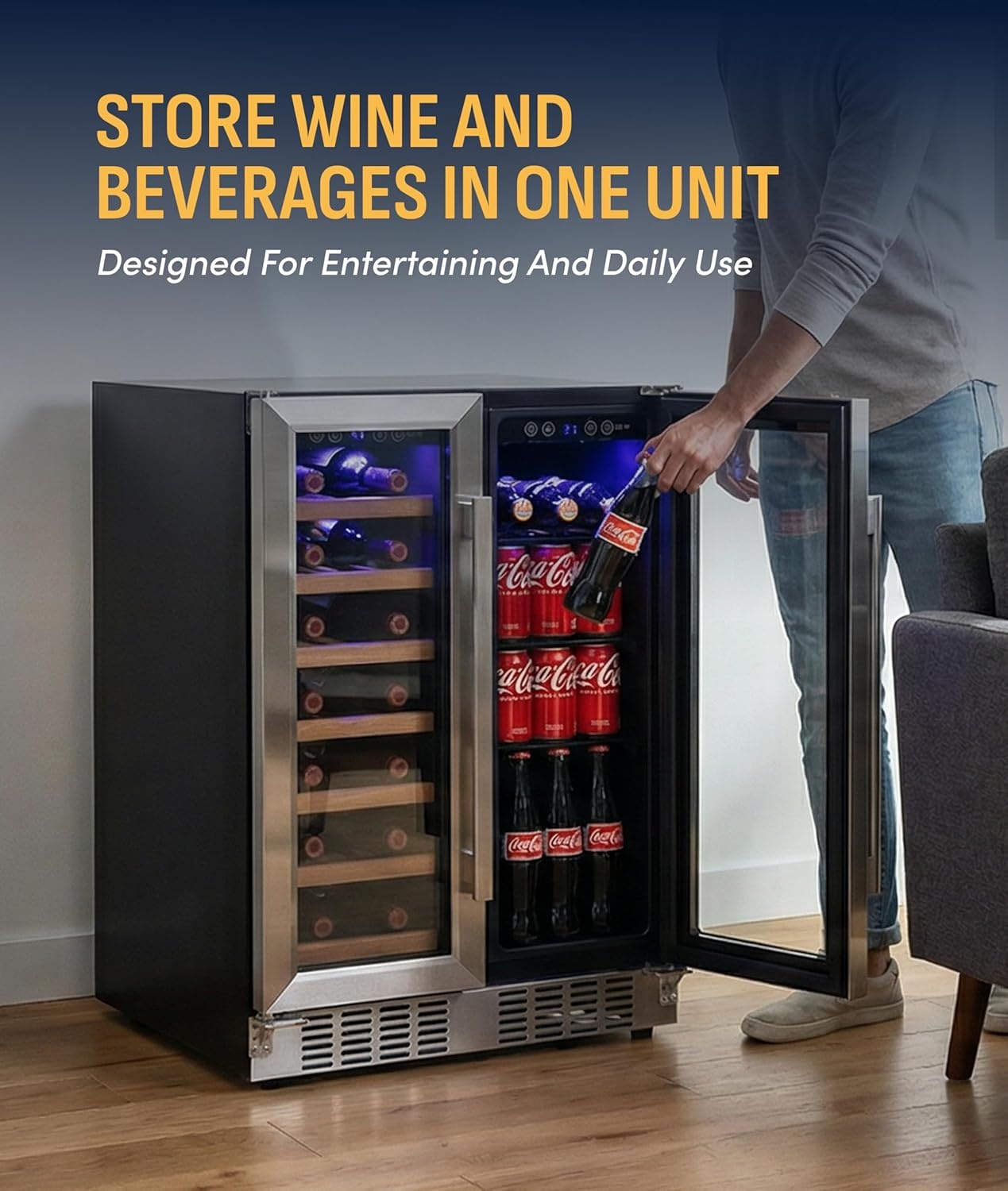 image:imageNewAir 24 Dual Zone Beverage Refrigerator amp Wine Cooler for 18 Bottles amp 60 Cans Freestanding or BuiltIn Under Counter Mini Fridge for Beer Wine and Soda Stainless Steel20 Bottle 78 Can
