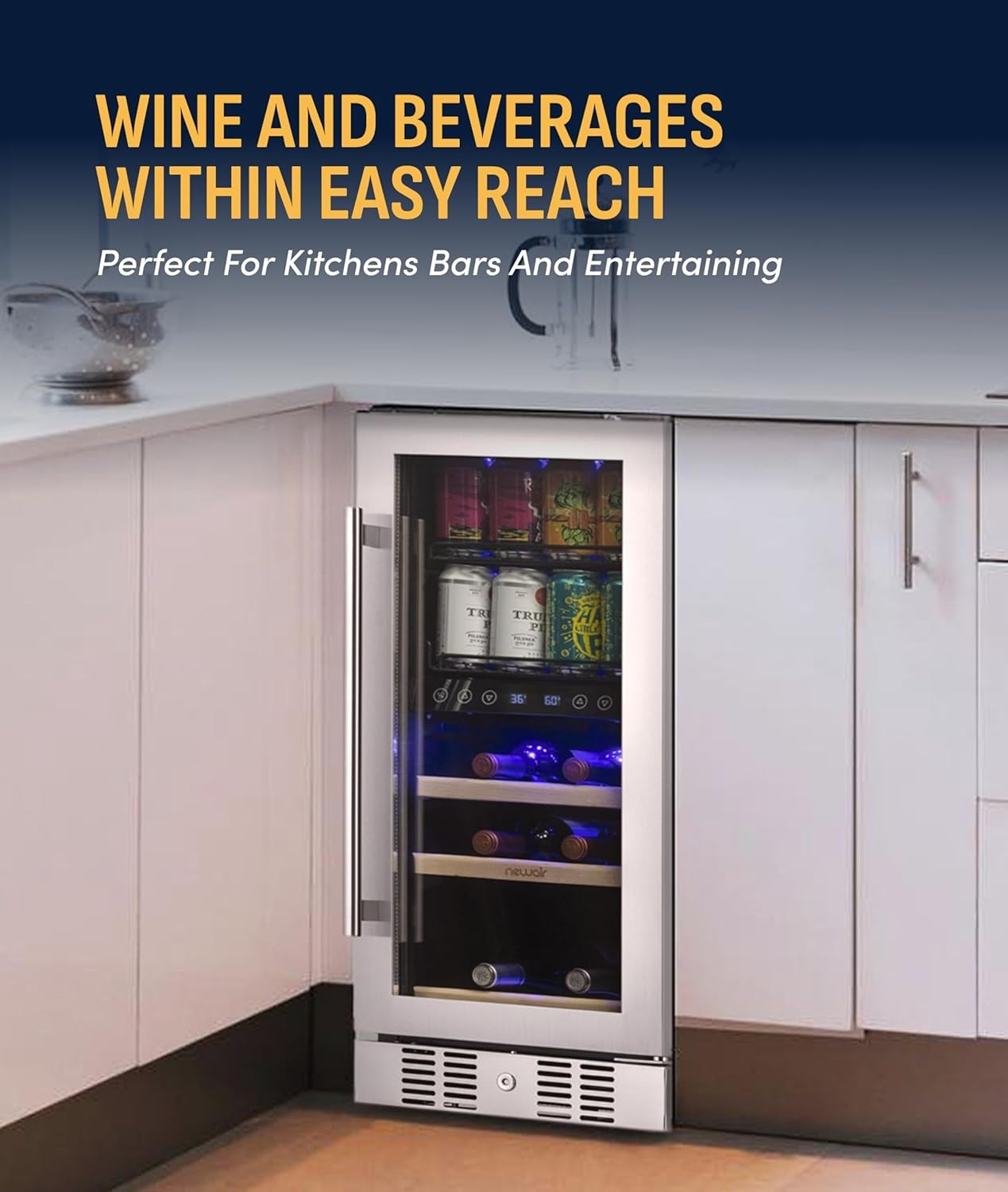 image:imageNewAir 24 Dual Zone Beverage Refrigerator amp Wine Cooler for 18 Bottles amp 60 Cans Freestanding or BuiltIn Under Counter Mini Fridge for Beer Wine and Soda Stainless Steel9 Bottle 48 Can