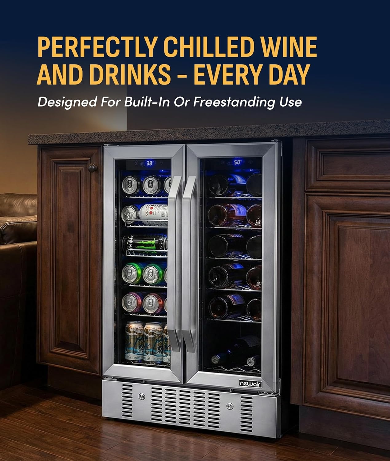 image:imageNewAir 24 Dual Zone Beverage Refrigerator amp Wine Cooler for 18 Bottles amp 60 Cans Freestanding or BuiltIn Under Counter Mini Fridge for Beer Wine and Soda Stainless Steel18 Bottle 60 Can