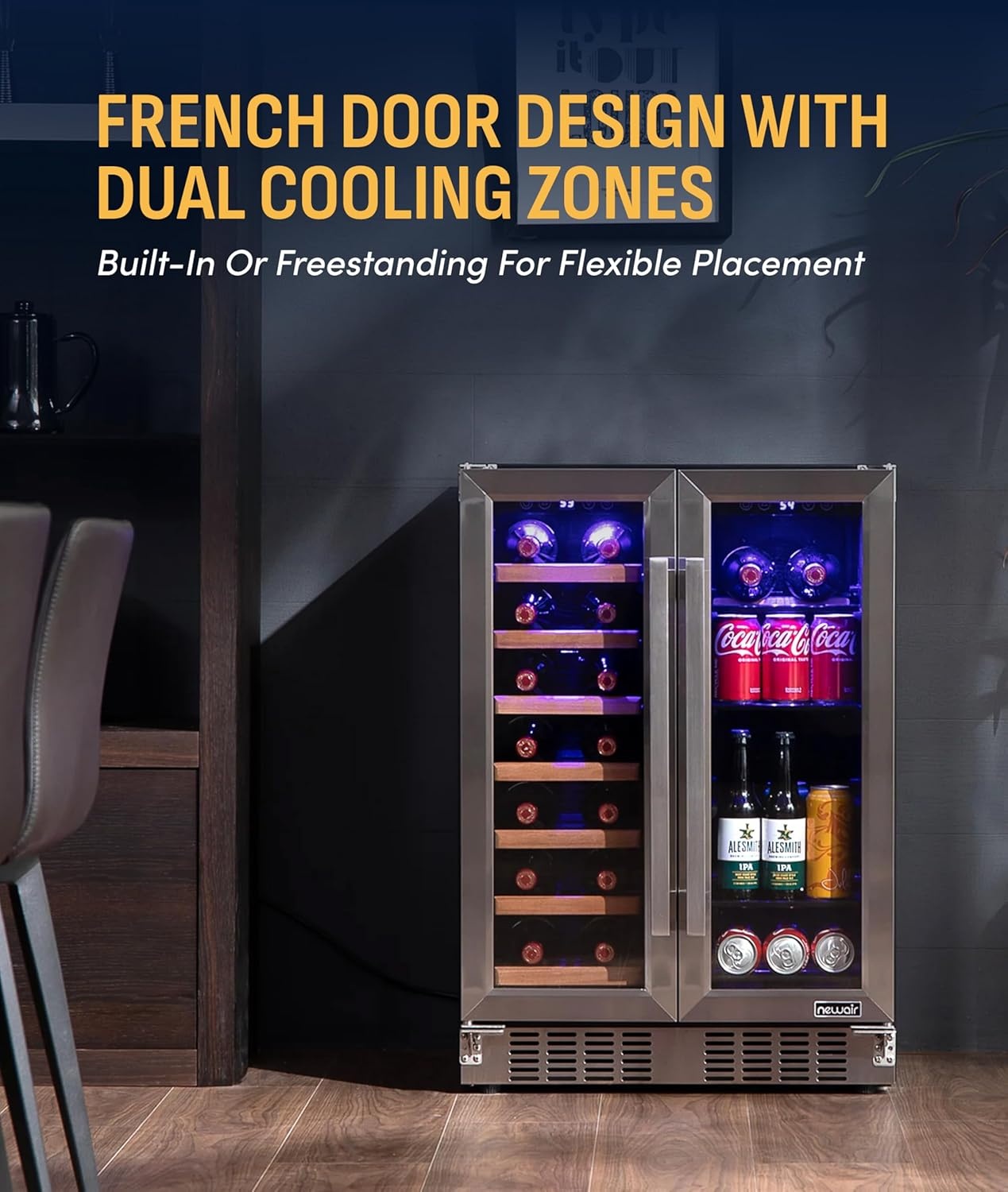 image:imageNewAir 24 Dual Zone Beverage Refrigerator amp Wine Cooler for 18 Bottles amp 60 Cans Freestanding or BuiltIn Under Counter Mini Fridge for Beer Wine and Soda Stainless Steel20 Bottle 78 Can