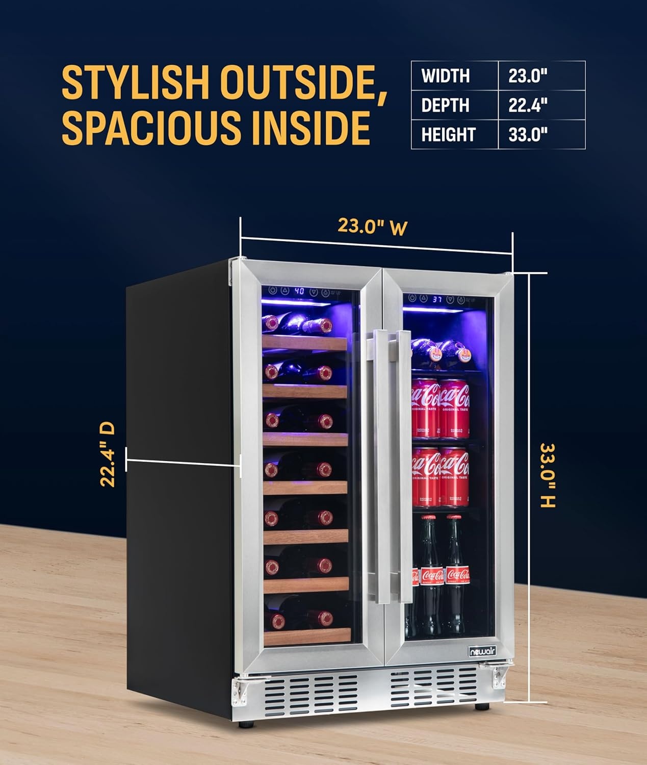 image:imageNewAir 24 Dual Zone Beverage Refrigerator amp Wine Cooler for 18 Bottles amp 60 Cans Freestanding or BuiltIn Under Counter Mini Fridge for Beer Wine and Soda Stainless Steel20 Bottle 78 Can