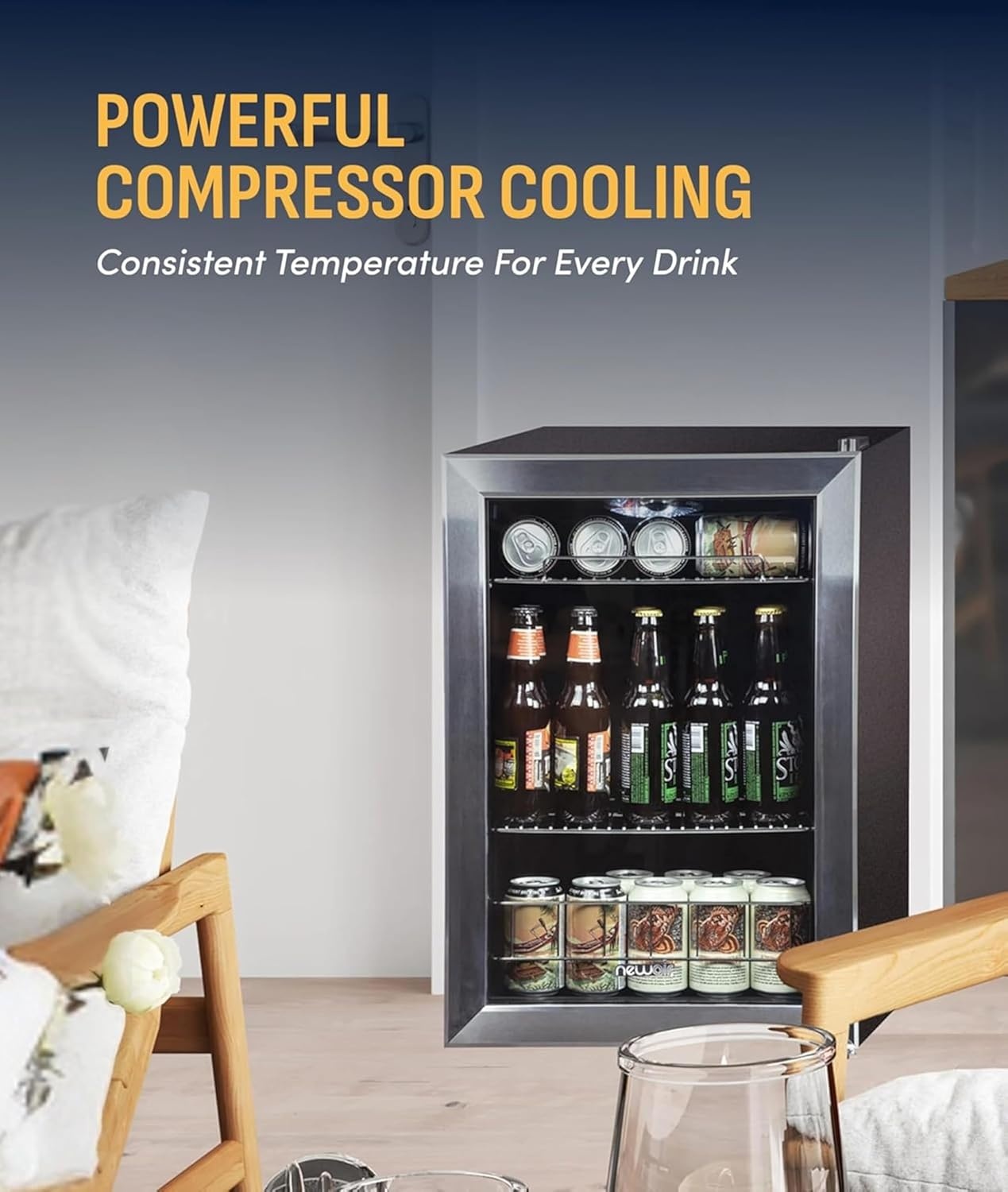 image:imageNewAir 90 Can Beverage Refrigerator 17 Freestanding Small Mini Fridge for Bedroom Home Bar or Office Quiet Compressor Cooling amp Adjustable Shelves Stainless Steel90 Can