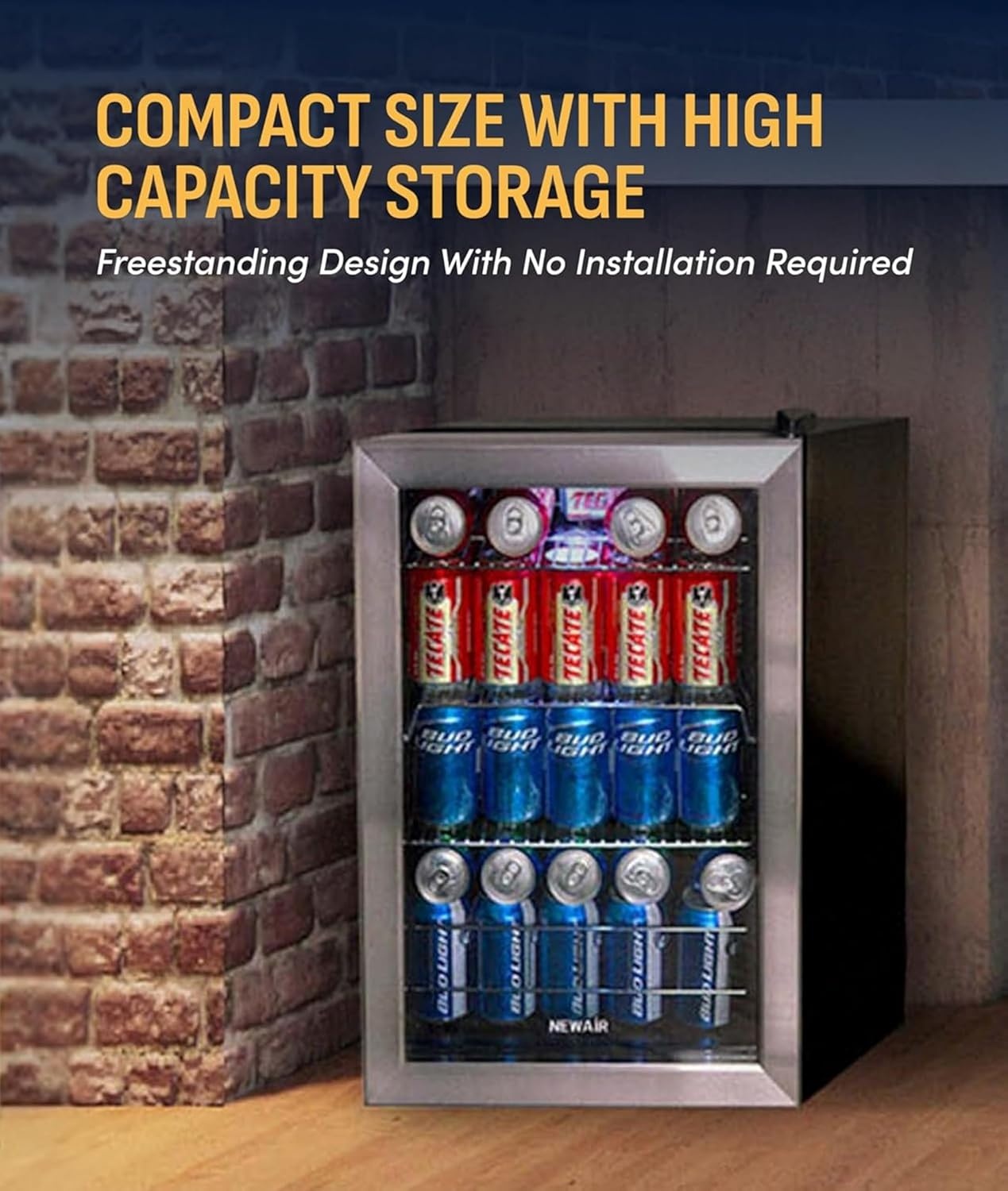 image:imageNewAir 90 Can Beverage Refrigerator 17 Freestanding Small Mini Fridge for Bedroom Home Bar or Office Quiet Compressor Cooling amp Adjustable Shelves Stainless Steel90 Can