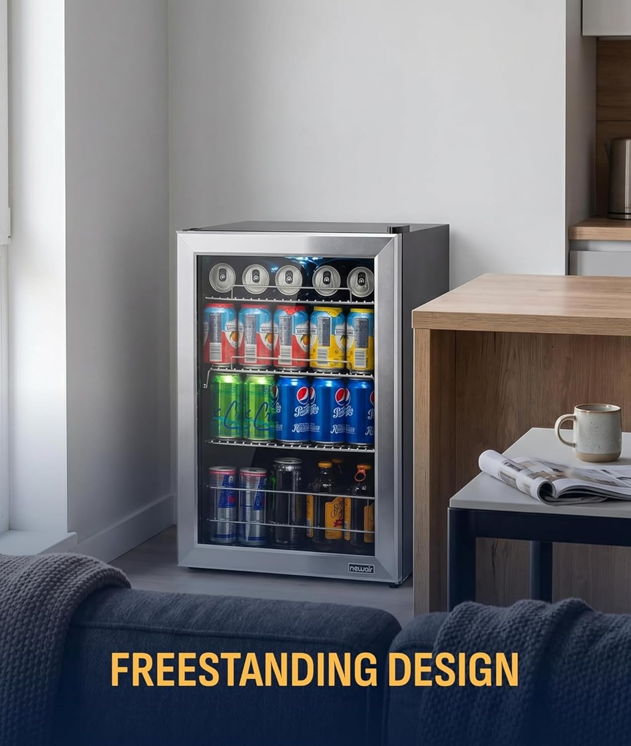 image:imageNewAir 90 Can Beverage Refrigerator 17 Freestanding Small Mini Fridge for Bedroom Home Bar or Office Quiet Compressor Cooling amp Adjustable Shelves Stainless Steel90 Can