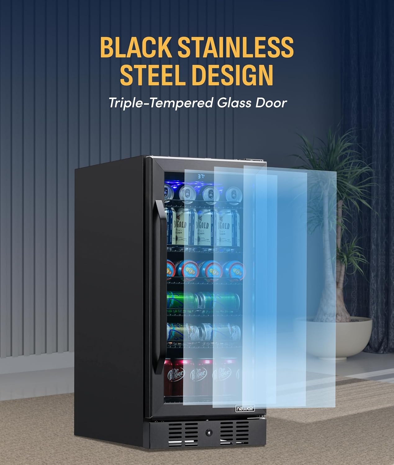 image:imageNewAir 96 Can BuiltIn Beverage Refrigerator 15 Small Mini Fridge for Bedroom Home Bar or Office Quiet Cooling amp Precise Temperature Control Black Stainless Steel